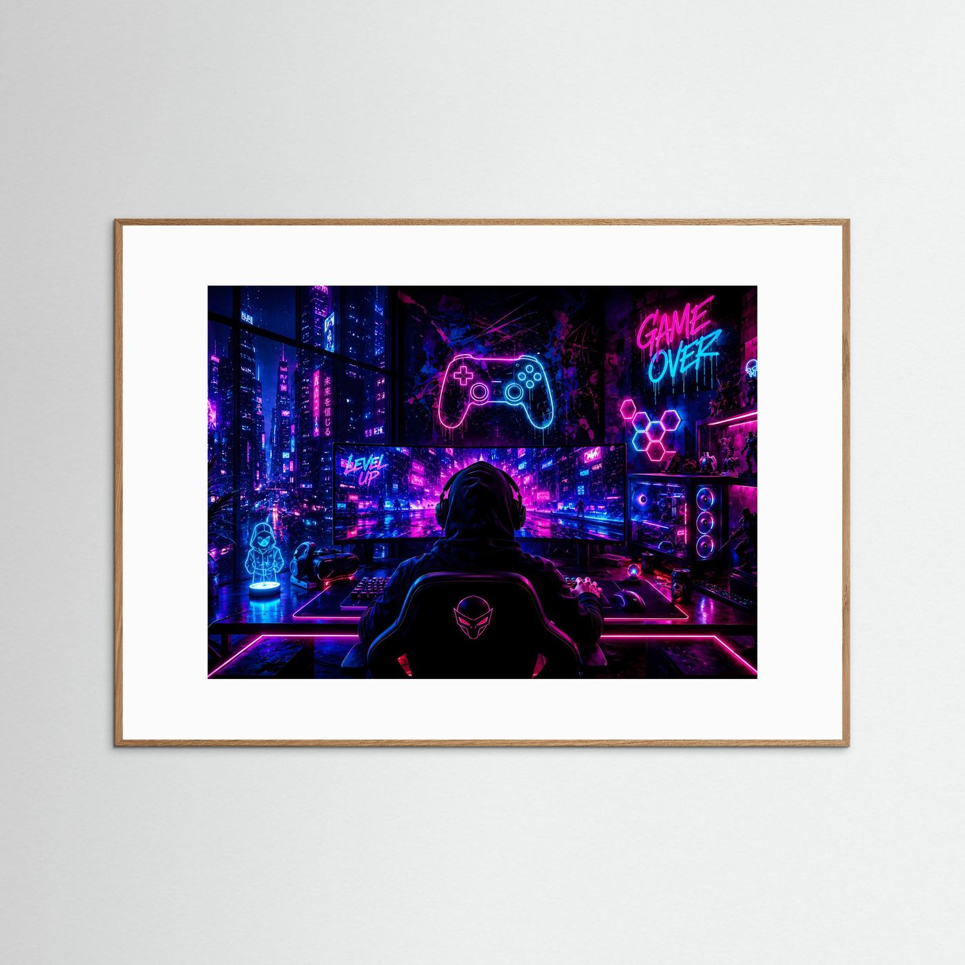 Gaming Setup Poster | Cyberpunk Gamer Zimmer mit Neon RGB Beleuchtung | Futuristische Gaming Wandkunst