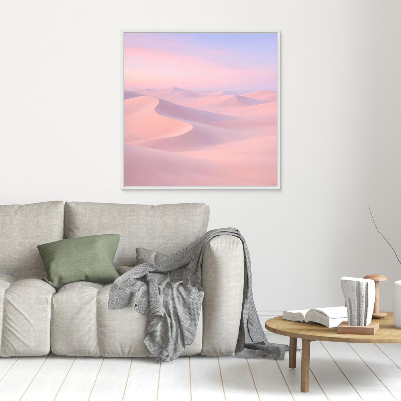 Quadratisches Leinwandbild mit Pastell-Wüstendünen in Rosa und Flieder, weißer Rahmen