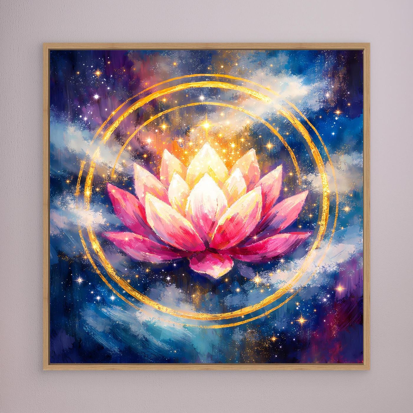 Leinwand-Wandbild Lotusblüte im Kosmos mit goldenen Kreisen, goldbrauner Rahmen