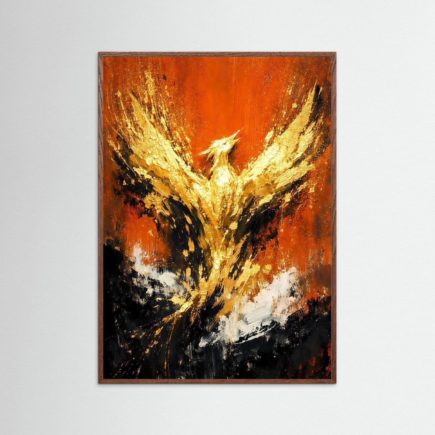 Abstraktes Phoenix-Poster mit dunklem Holzrahmen, goldene Flügel auf orange-schwarzem Grund