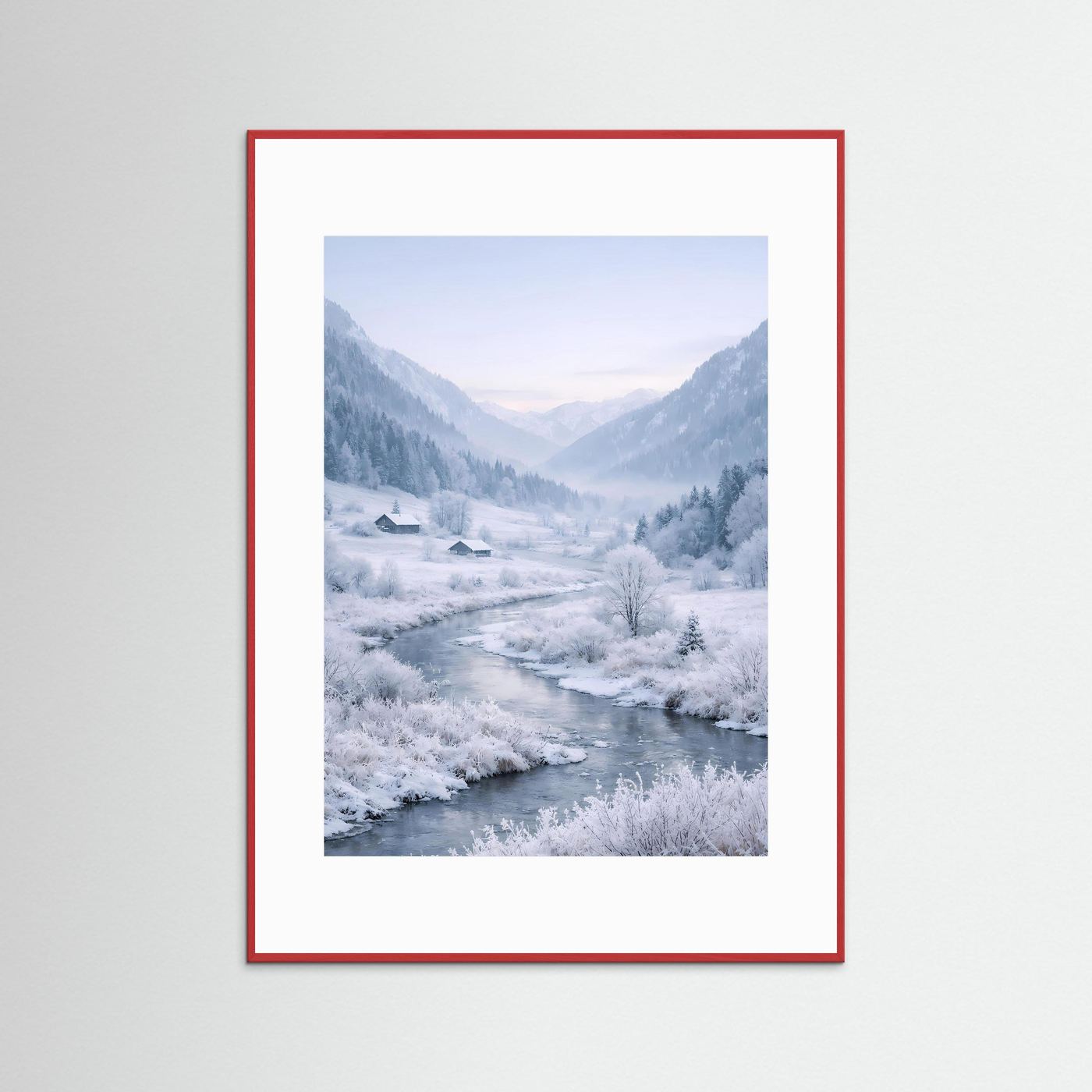 Wandbild mit Winterlandschaft, roter Holzrahmen mit weißem Passepartout