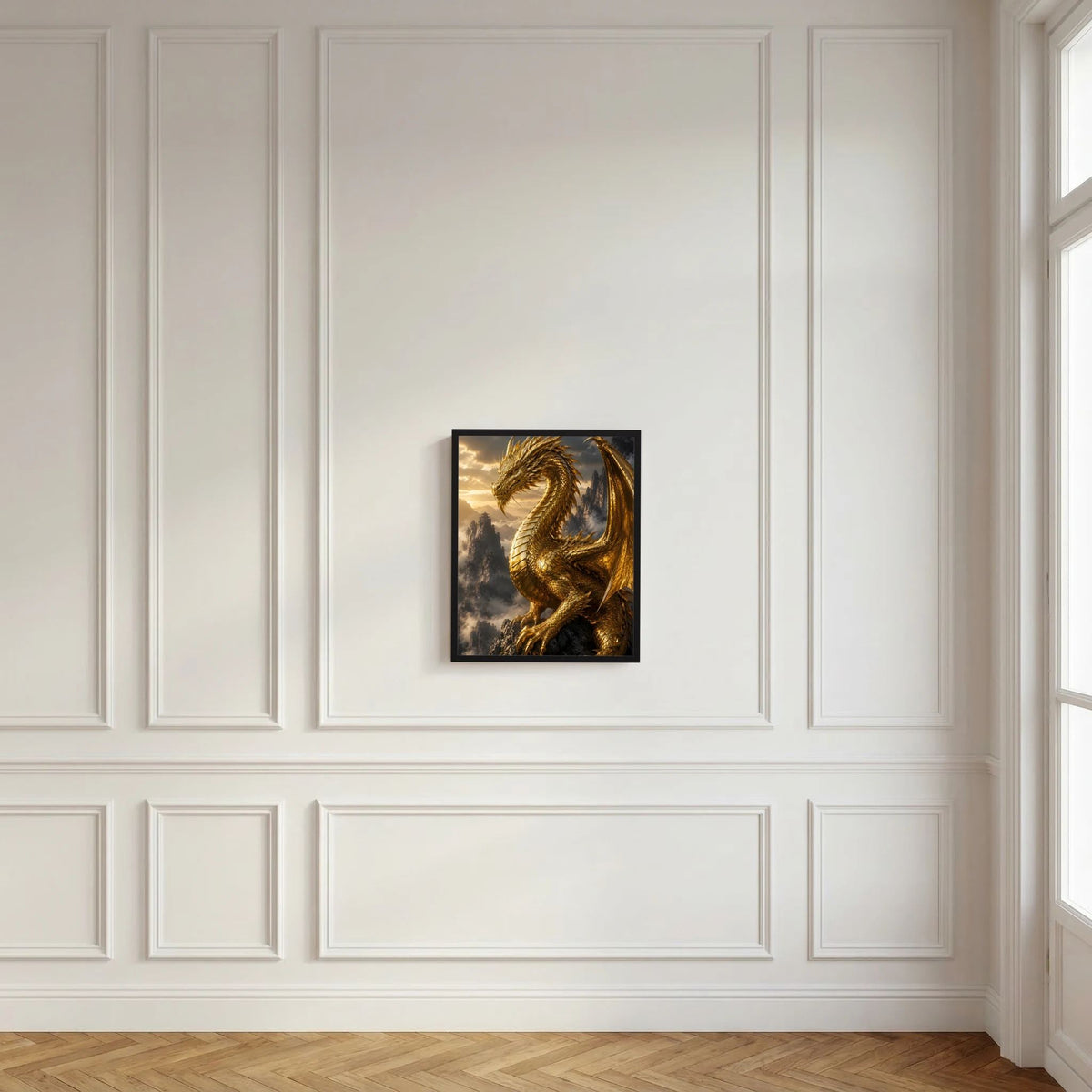 Hochformatiges Kunstposter mit goldenem Fantasy-Drache im schwarzen Rahmen