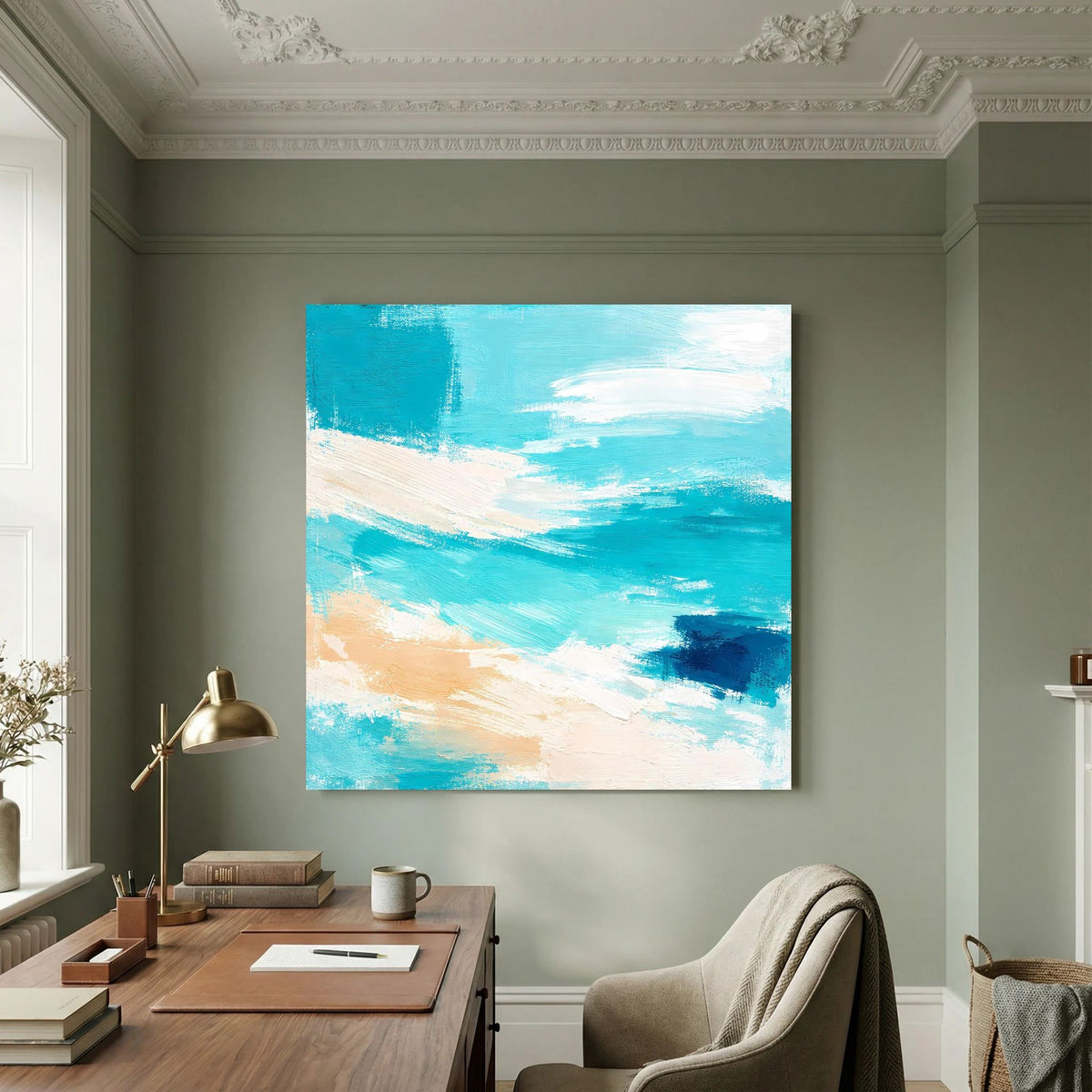 Quadratisches Leinwandbild mit abstrakten Meereswellen in Türkis, Blau und Beige