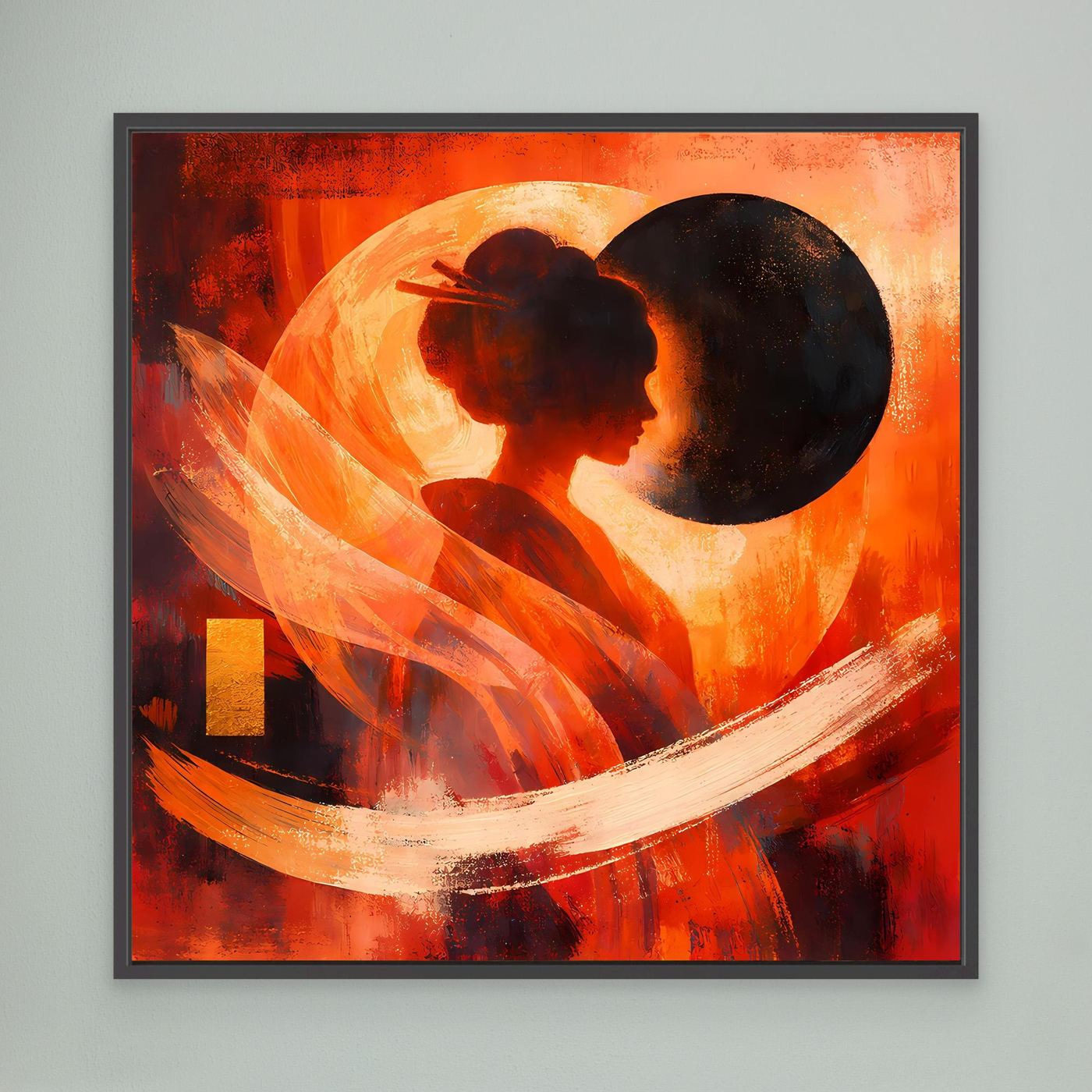 Abstraktes Leinwand-Wandbild mit Geisha-Silhouette im schwarzen Rahmen