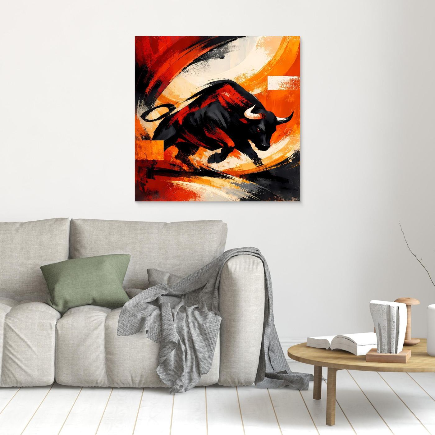 Wandbild mit schwarzem Stier in Rot-Orange-Abstrakt, im Holzrahmen
