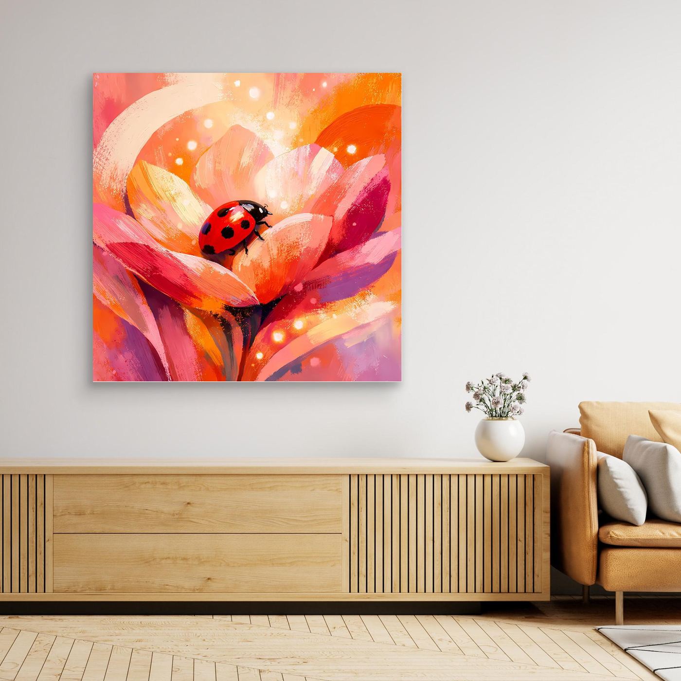 Gerahmtes Leinwandbild mit Marienkäfer auf Blüte, abstraktes Motiv in Orange und Pink