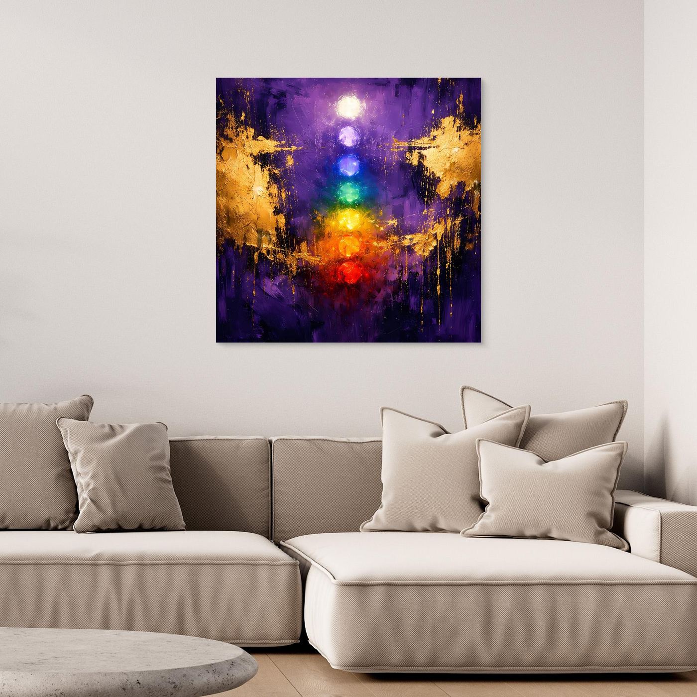 Leinwand Sieben Chakren auf tiefem Violett | Modernes Spirituelles Yoga Wandbild