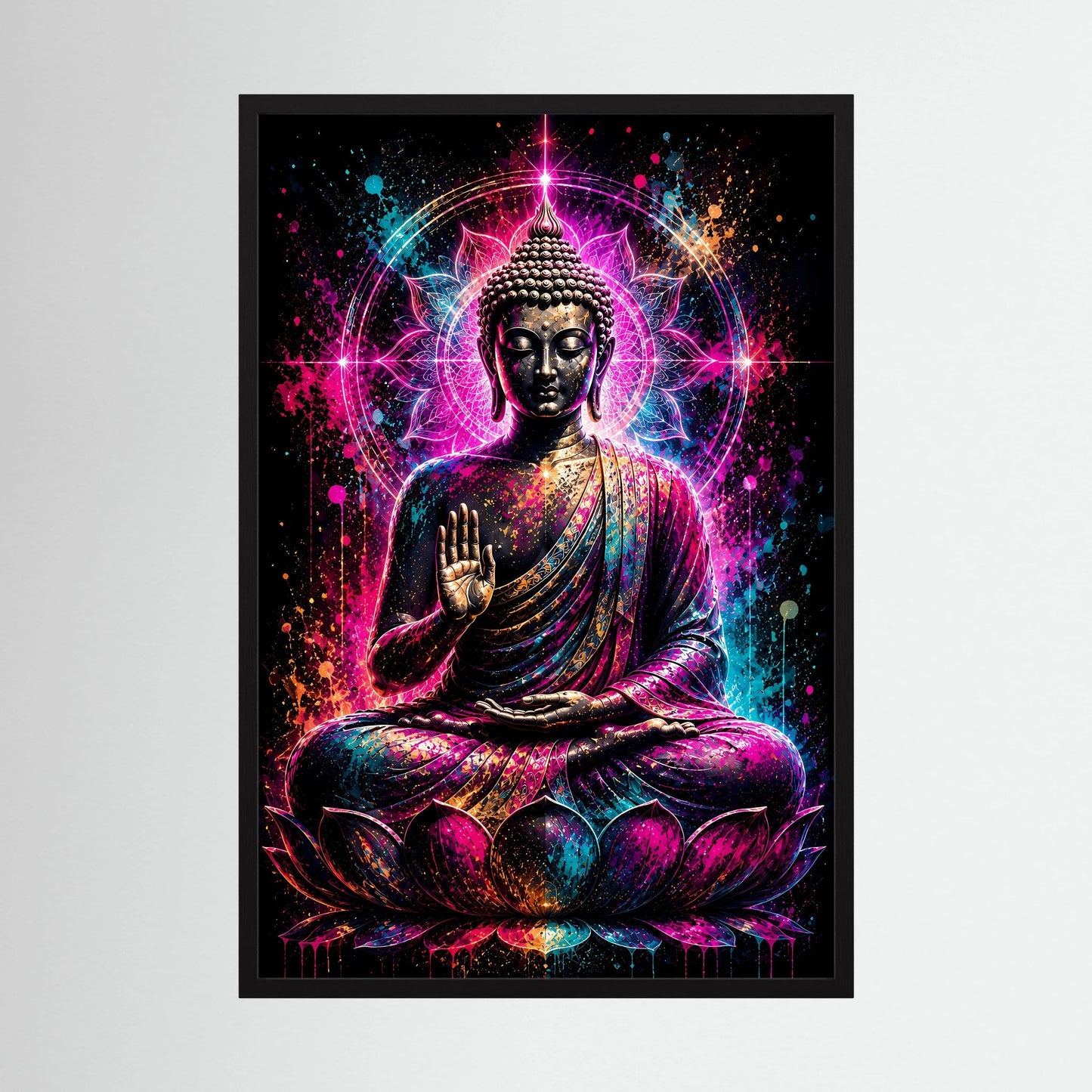 Hochformatiges Buddha-Neonmandala-Poster im schwarzen Rahmen: Meditationsbuddha auf Lotus, pink/türkis leuchtend
