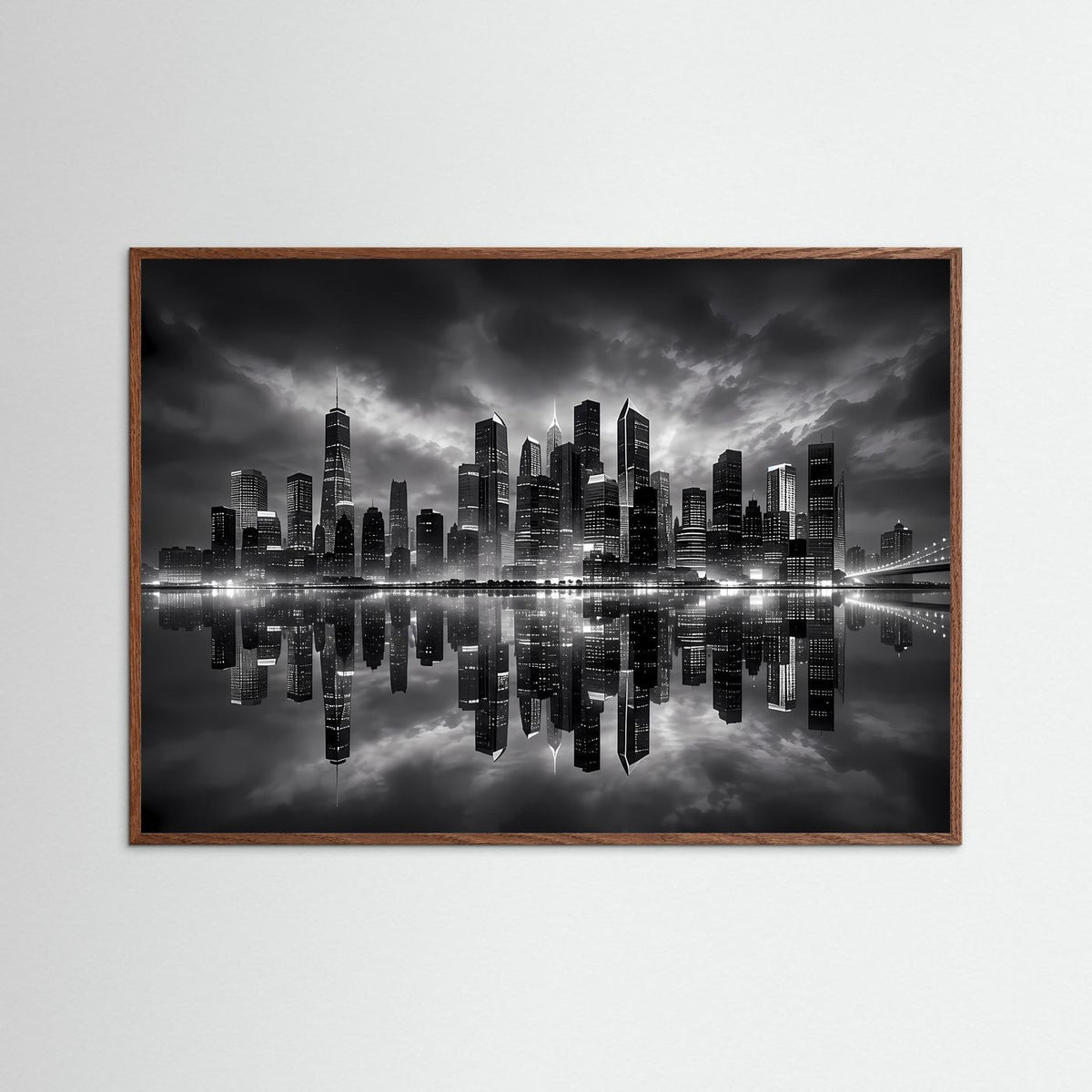 Stadtbild-Poster in Schwarzweiß mit Skyline und Spiegelung; brauner Holzrahmen.