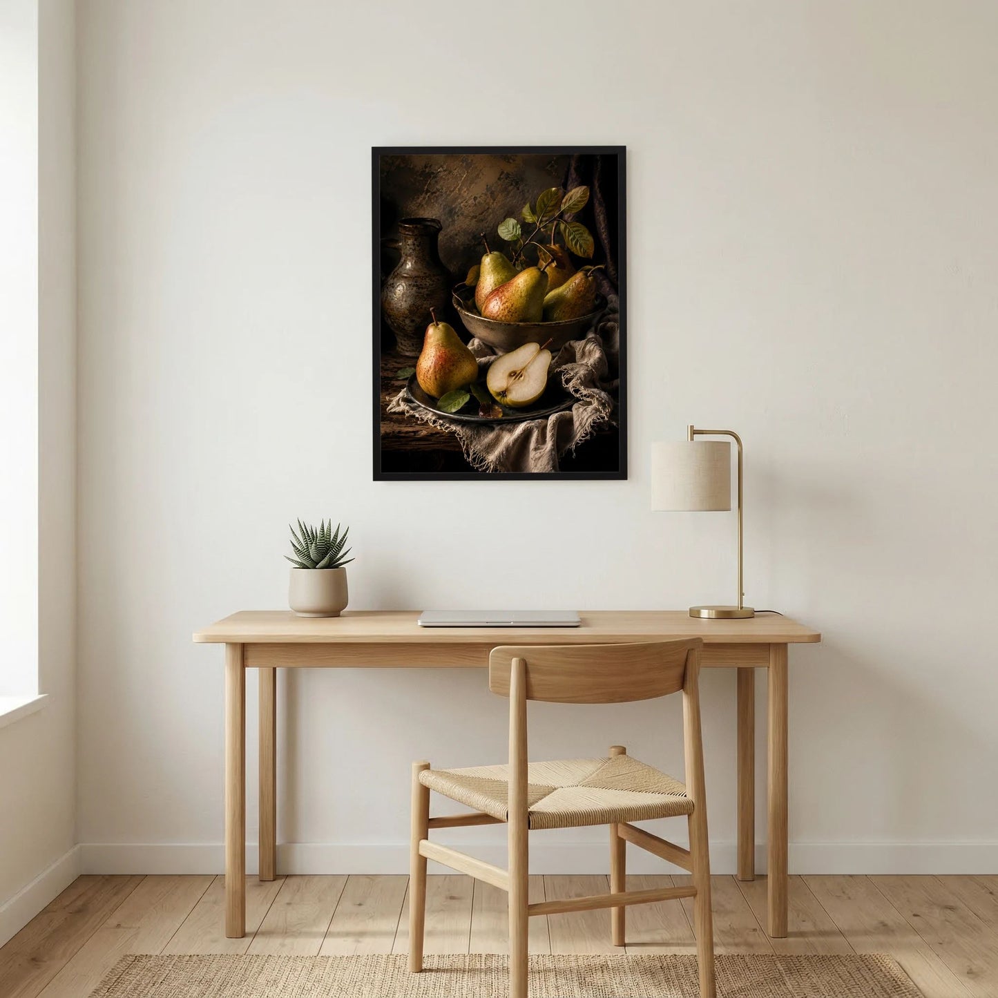 Stillleben-Poster mit Birnen, Schale und Vase im schwarzen Rahmen, dunkel und warm