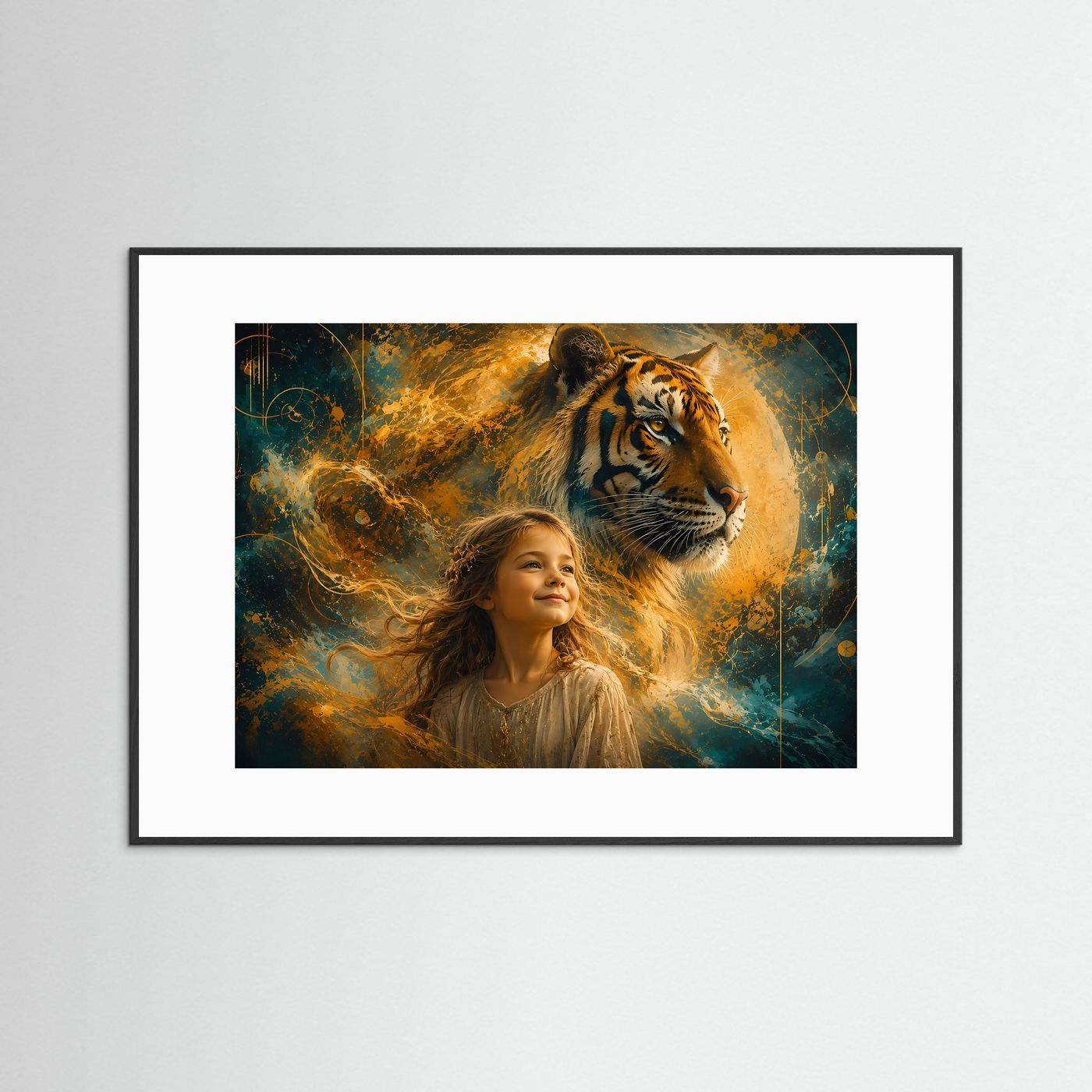 Mädchen mit Tiger | Abstraktes Schutz & Stärke Wandbild