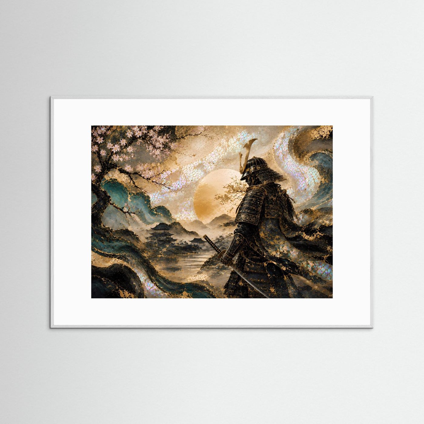 Gerahmte Wandkunst: Samurai in Schwarz, Kirschblütenmotiv, weißer Holzrahmen