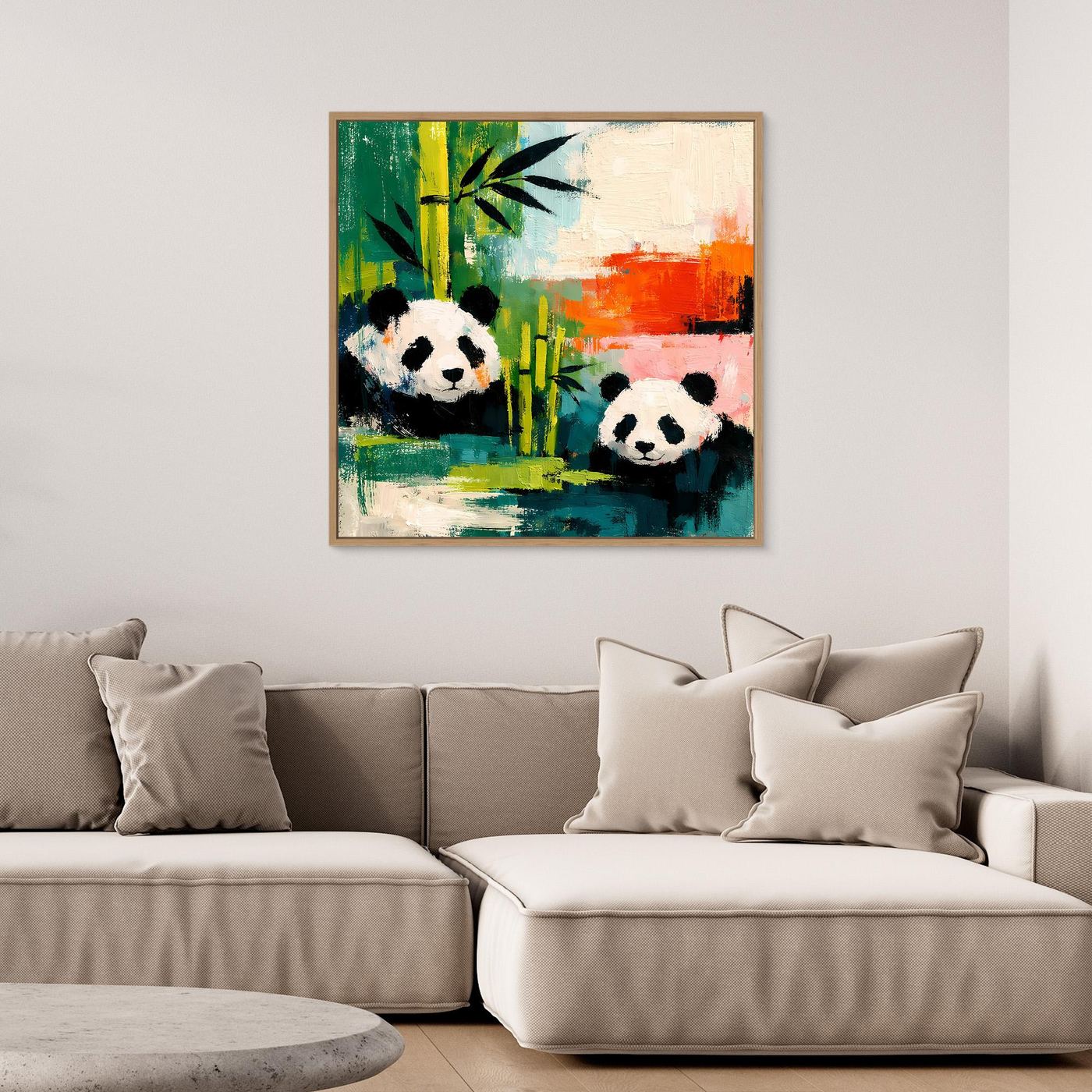 Abstract panda wall art with two pandas in bamboo, oak wood frame.