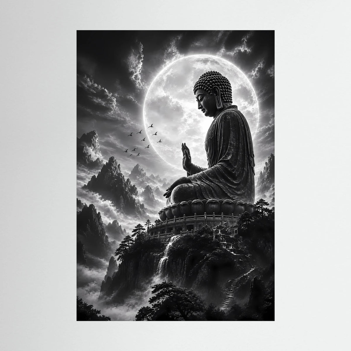 Schwarzweiß-Poster im Hochformat mit sitzendem Buddha, Vollmond und Wasserfall-Berglandschaft