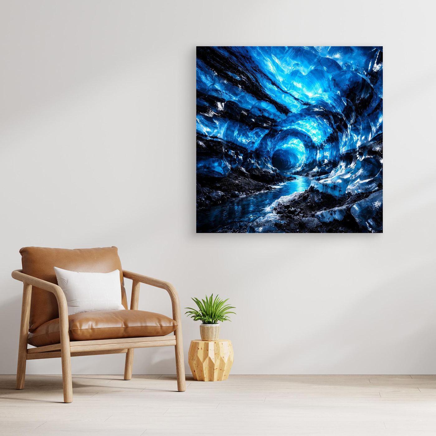 Leinwandbild mit blauem Gletschereishöhlen-Motiv und hellem Lichtkreis, ohne Rahmen