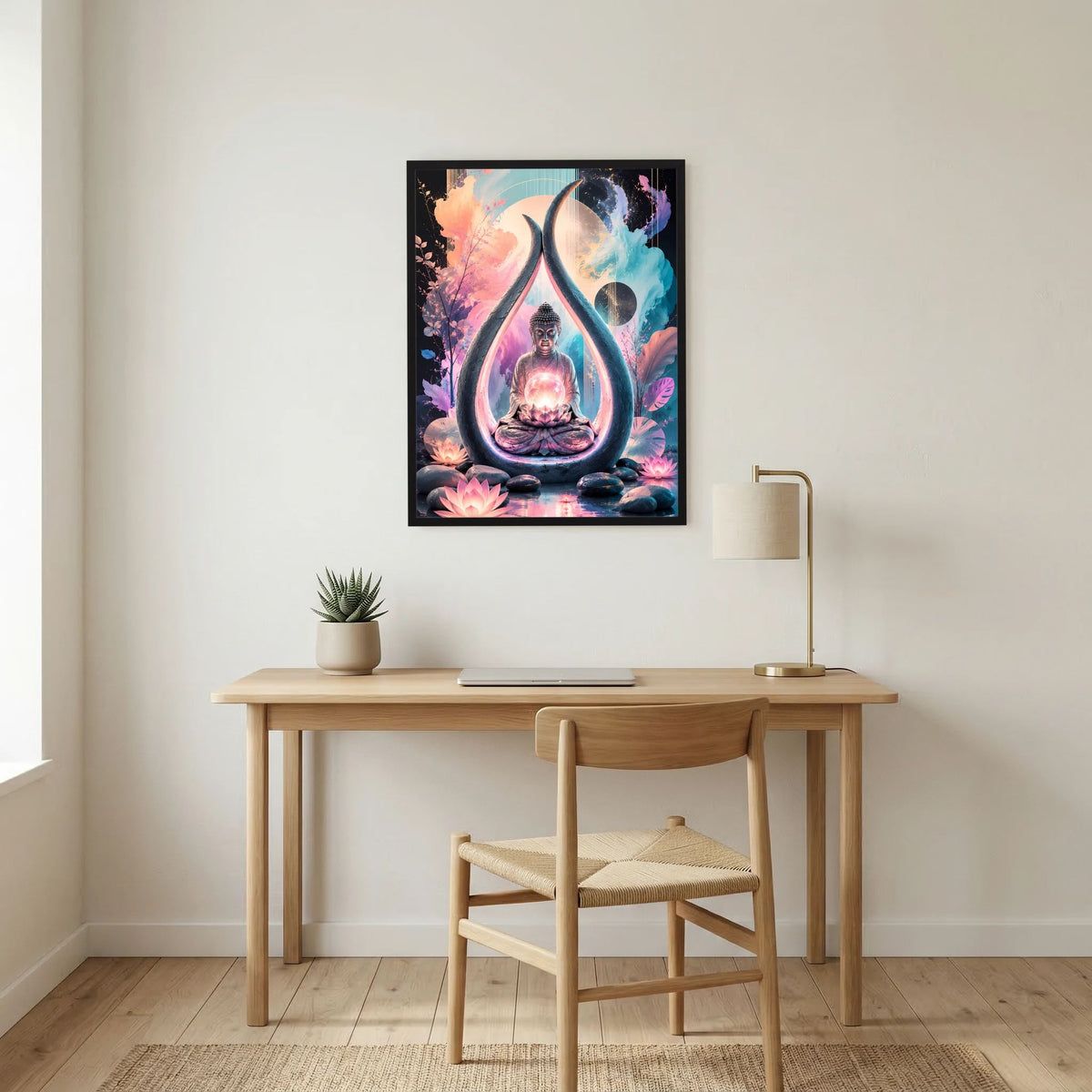 Hochformat-Poster mit Buddha-Skulptur in Tropfenform und Lotusblüten, mehrfarbig, schwarz gerahmt