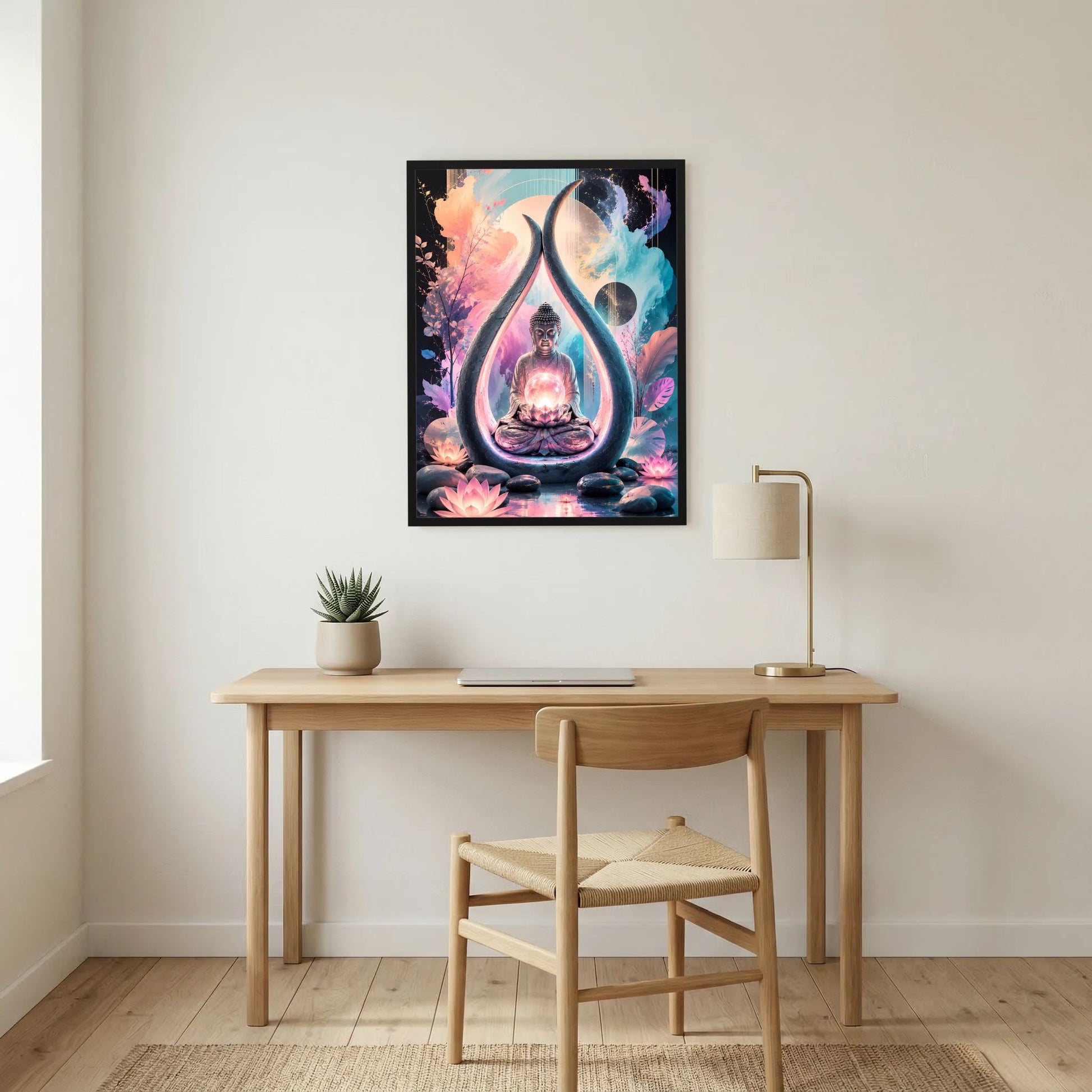Hochformat-Poster mit Buddha-Skulptur in Tropfenform und Lotusblüten, mehrfarbig, schwarz gerahmt