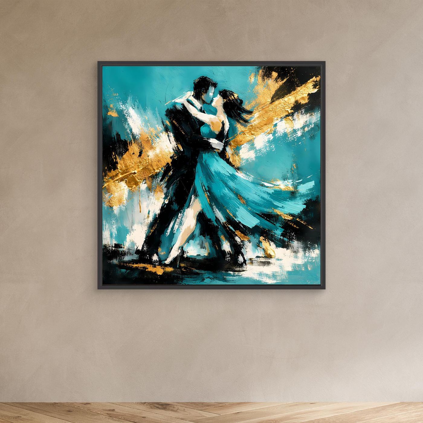 Leinwand Abstraktes Tanzpaar in Türkis und Gold | Modernes Romantisches Paar Wandbild