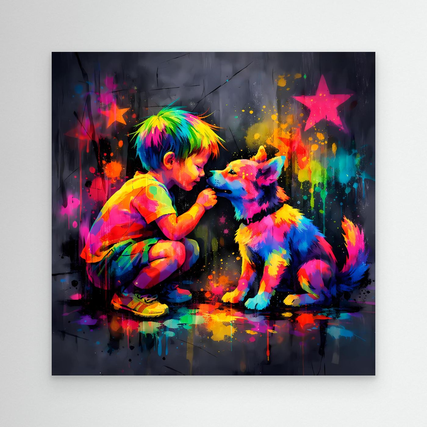 Leinwandbild mit buntem Graffiti: Kind und Hund spielen, Farbsterne und Spritzer