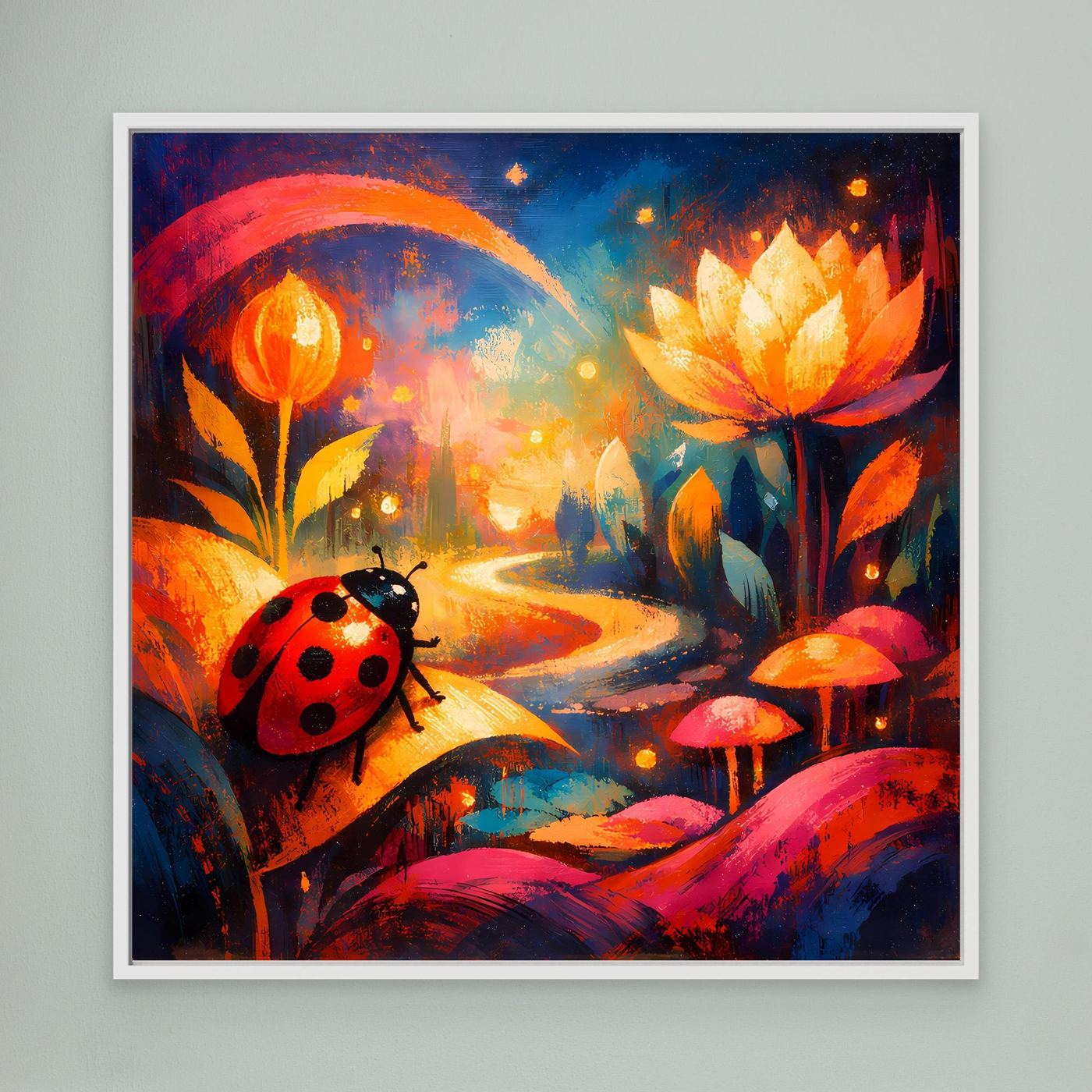 Wandbild mit Marienkäfer, buntem Pfad und gelben Blüten, weißer Rahmen
