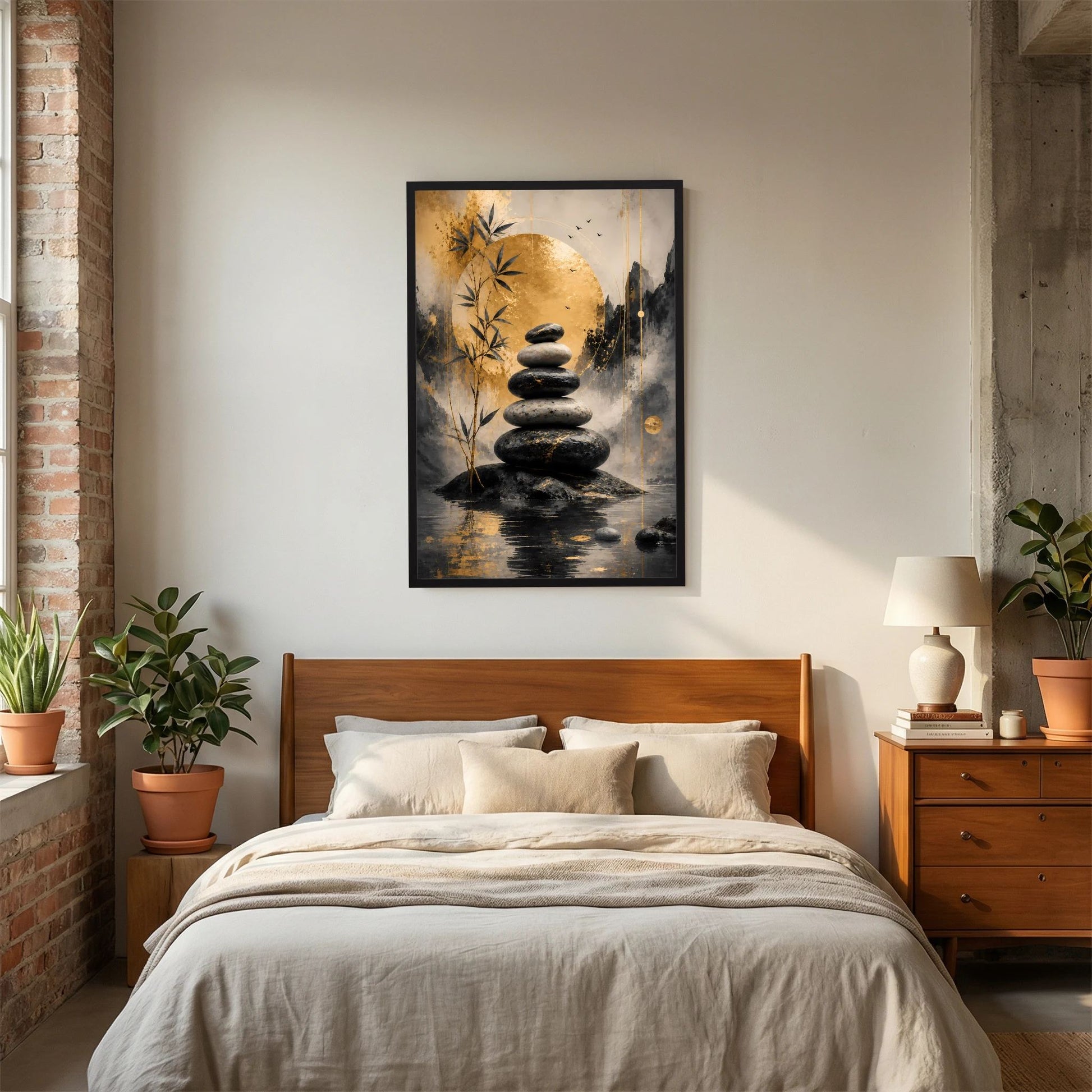 Gerahmtes Hochformat-Poster: schwarzer Steinstapel vor Bambus, goldene Kreiselemente.