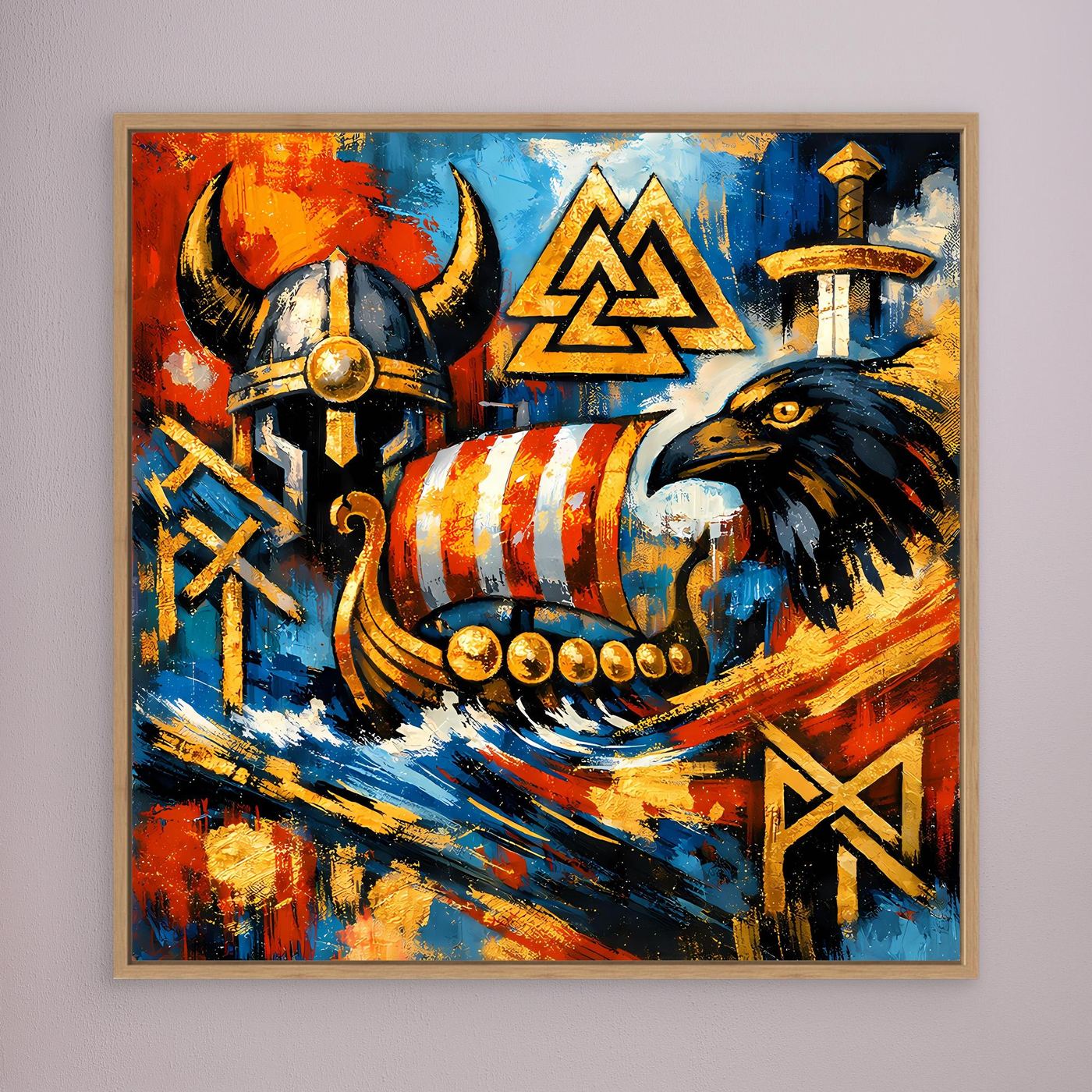 Leinwandbild mit Wikingerhelm, Dreieckssymbol und Rabenmotiv, holzfarben gerahmt