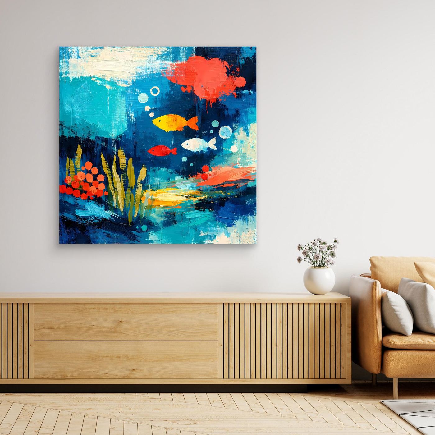 Abstract underwater wall art canvas with fish, coral, and red bubbles, wood frame