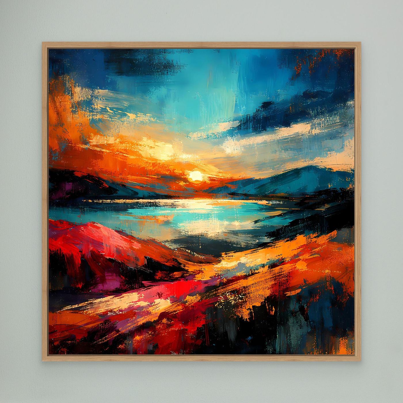 Abstraktes Leinwandbild mit hellem Holzrahmen, Blau-Orange mit goldener Lichtmitte