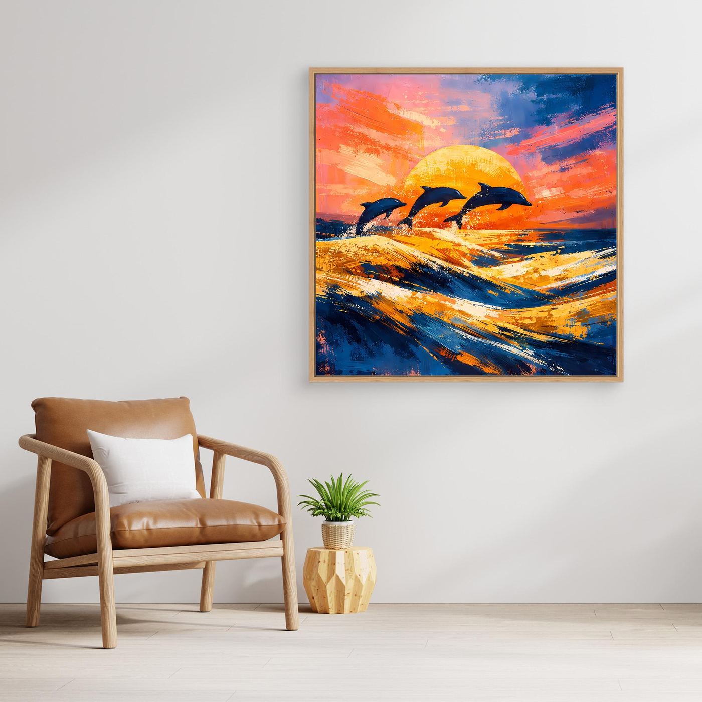 Leinwand Springende Delphine im Sonnenuntergang | Abstraktes Ozean & Meer Wandbild