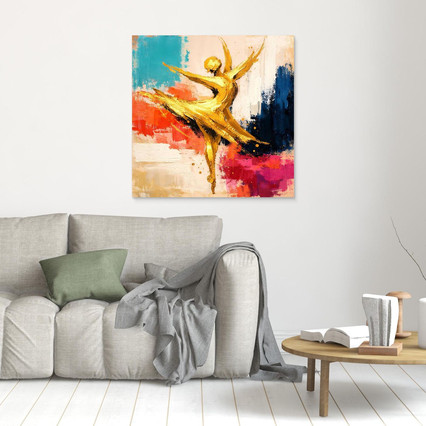 Wandbild Leinwand mit abstrakter goldener Tänzerin, Armen hoch, farbige Pinselstriche, ohne erkennbaren Rahmen