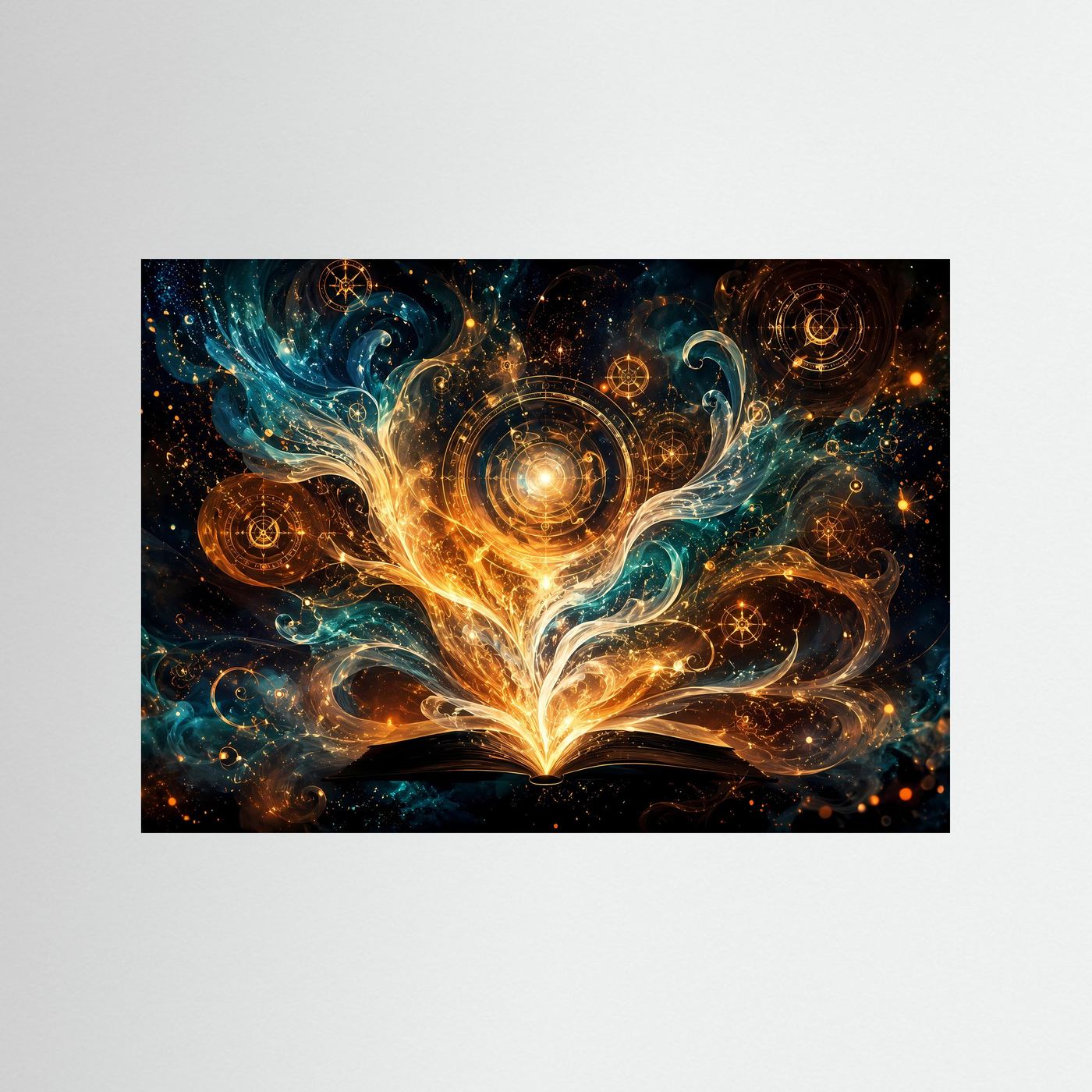 Magisches Buch der Weisheit im Sternenmeer | Mystisches Fantasy- & Kunst-Poster Querformat