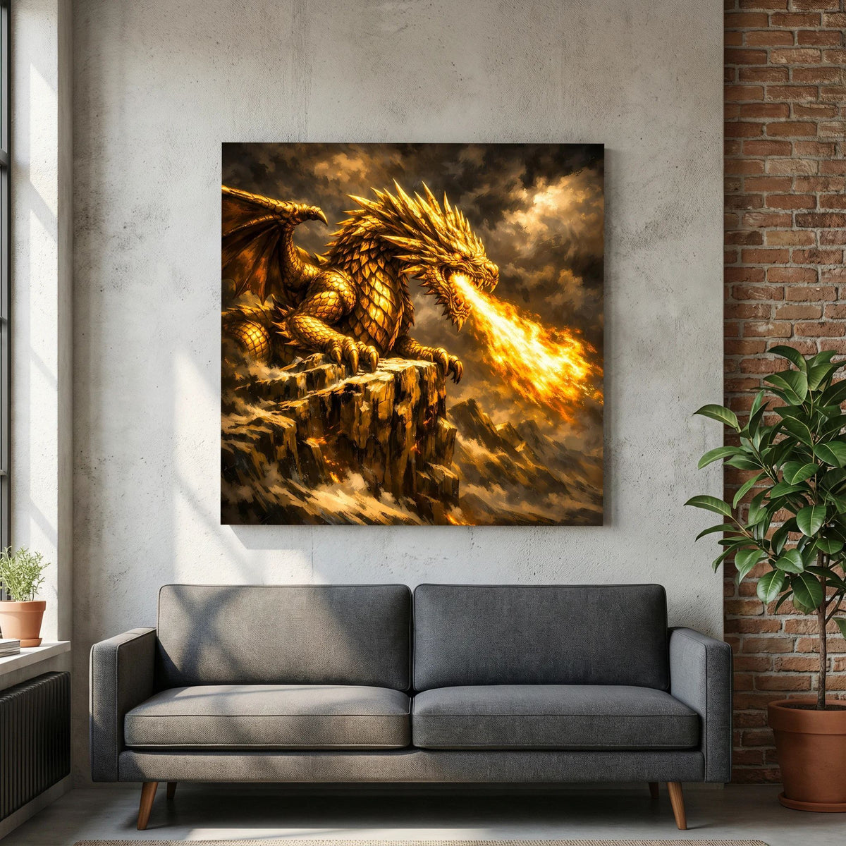Gerahmtes Fantasy-Leinwandbild: goldener Drache mit Flammenatem über Felsen, klarer Druck
