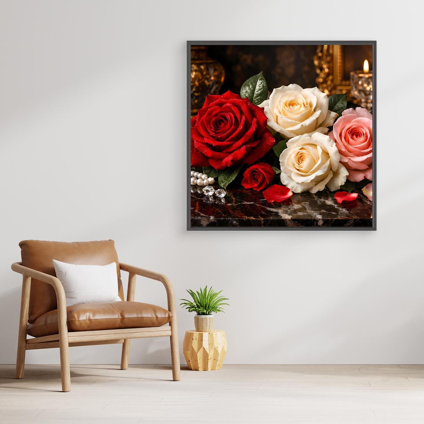 Wandbild Rosenstillleben mit roten und cremefarbenen Rosen, schwarzer Rahmen
