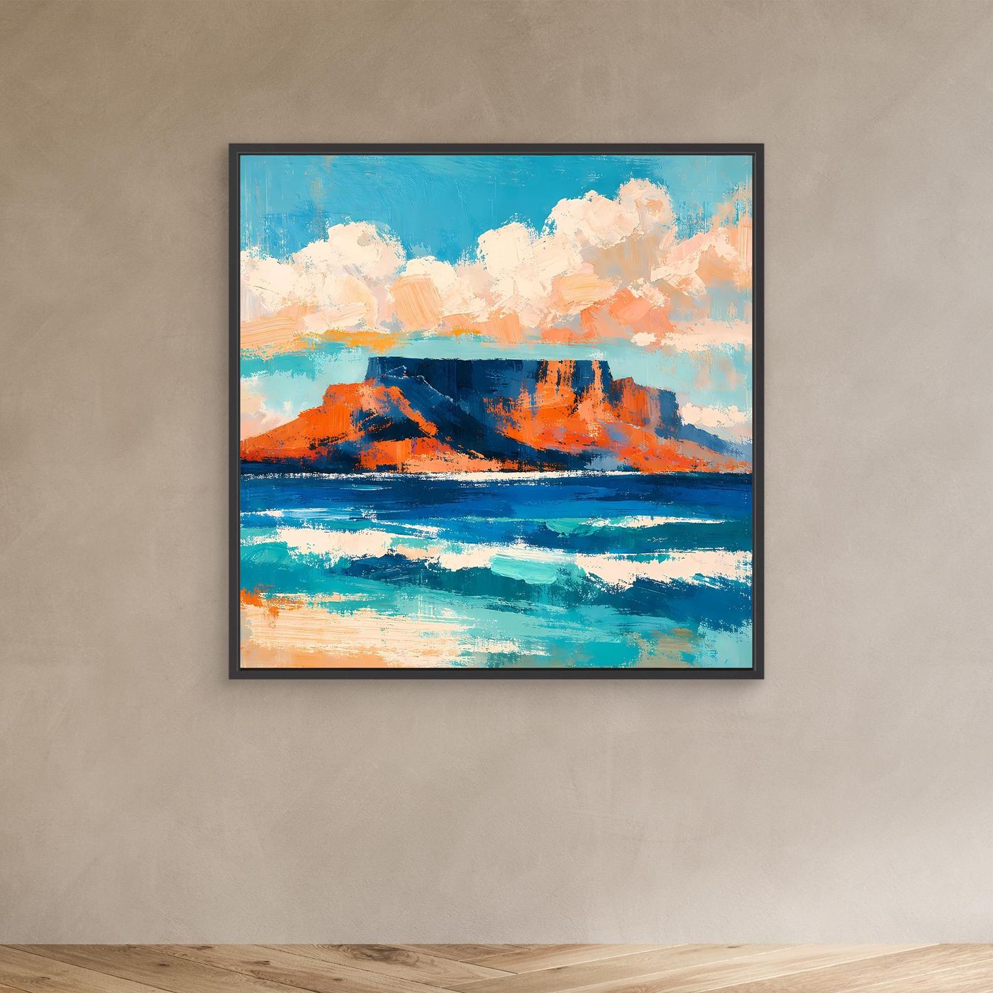 Abstraktes Leinwand-Wandbild mit türkisblauem Himmel, orangefarbenen Felsen und Meer; Schwarzrahmen