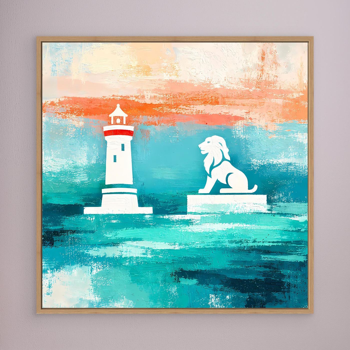Leinwand Maritimer Leuchtturm und Löwe | Abstraktes Küsten Wandbild Lindau