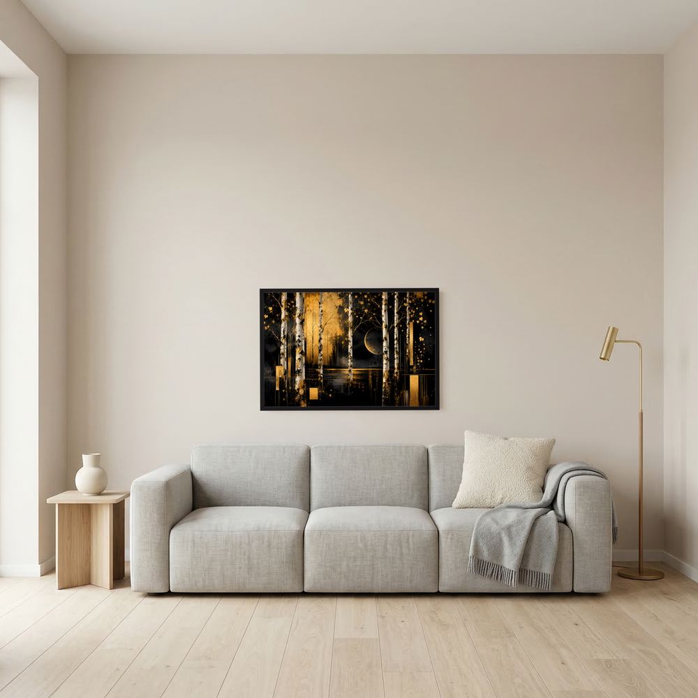 Gerahmtes Querformat-Poster mit abstrakter Waldszene in Schwarz und Gold, Mondsichel