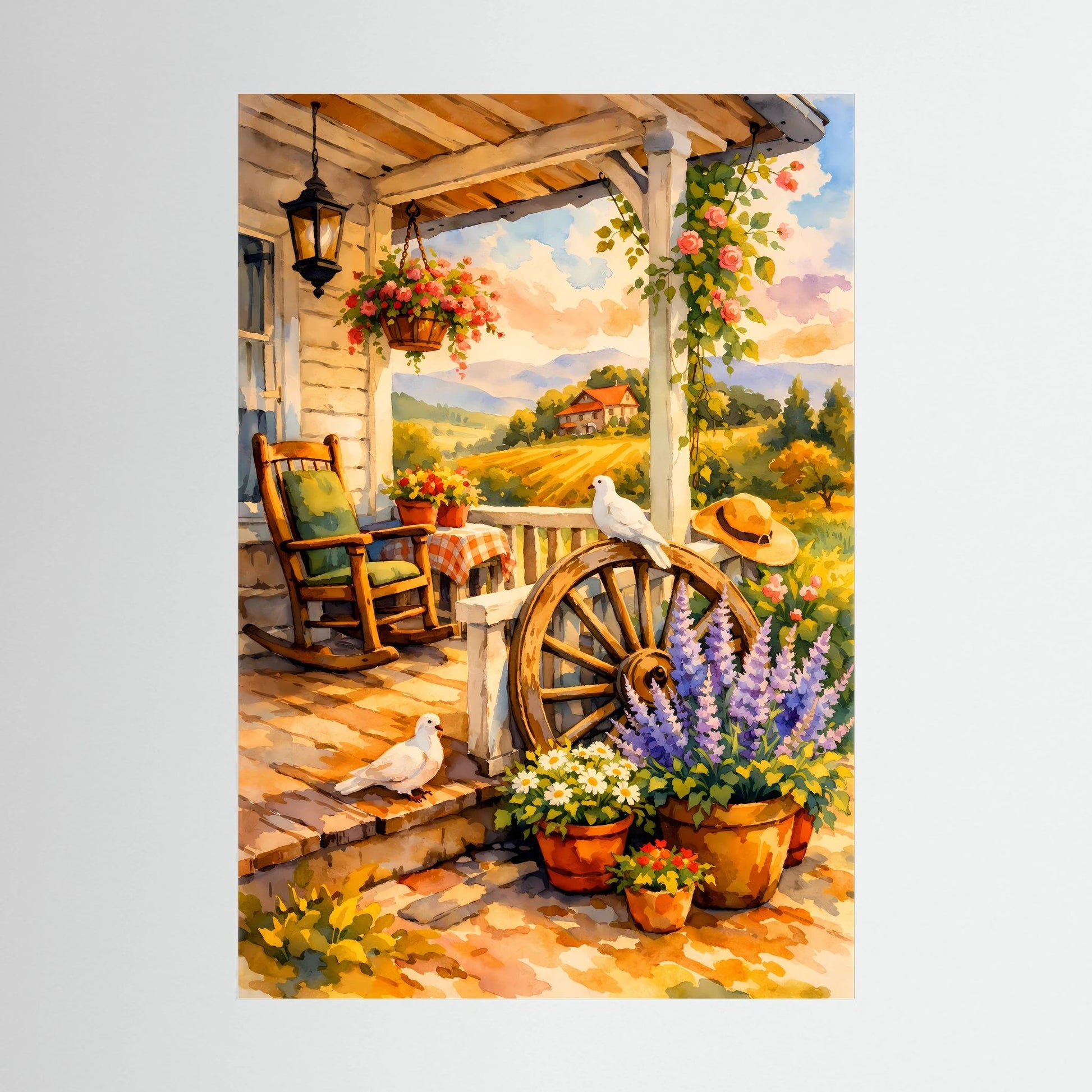 Kunstposter im Hochformat mit Veranda, Blumen in Töpfen und zwei Tauben vor dem Rad