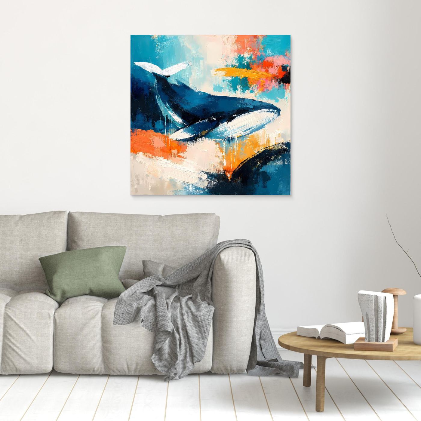 Leinwand-Wandbild: abstrakter Wal in Blau und Orange, ohne sichtbaren Rahmen