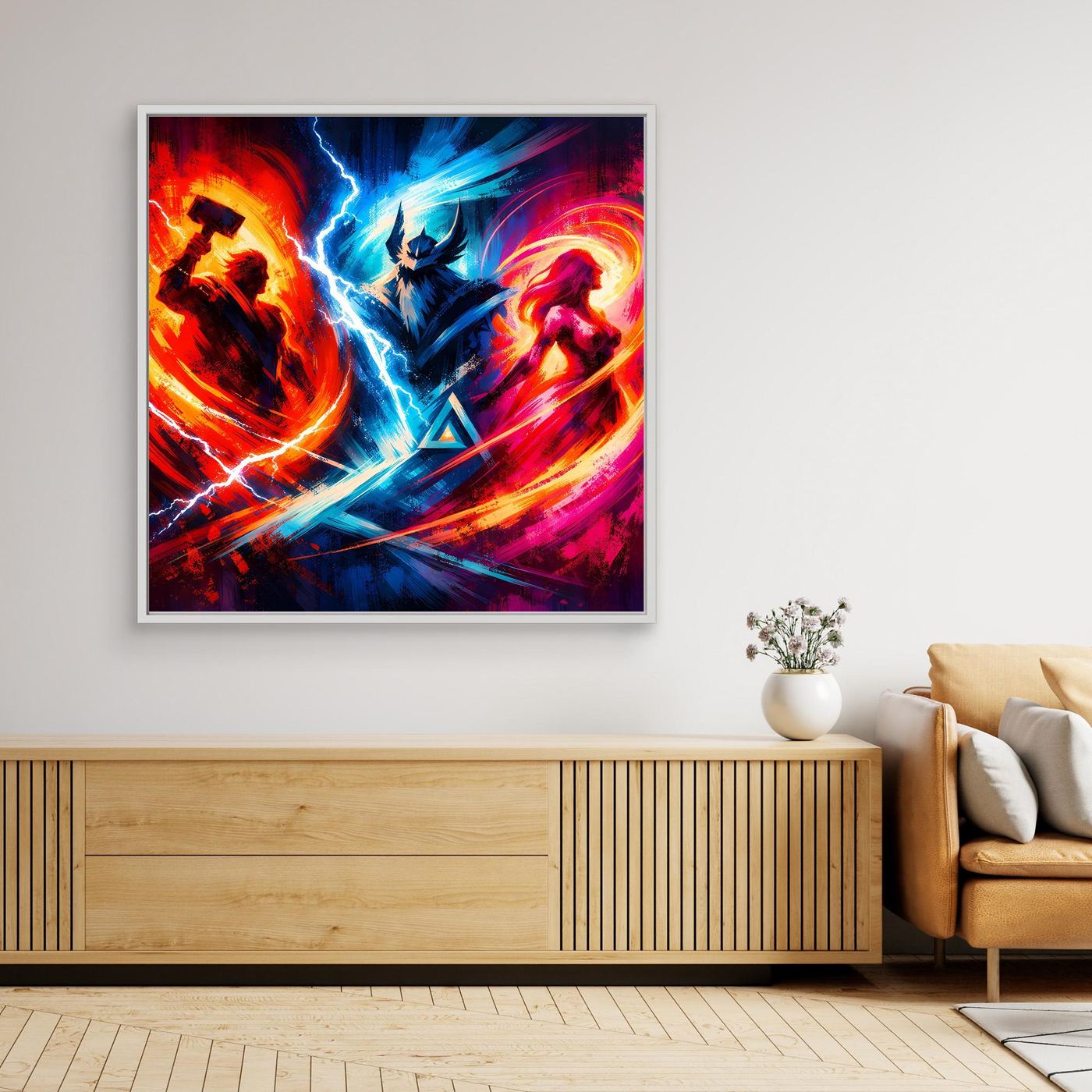 Gerahmtes Leinwand-Wandbild mit abstraktem Neon-Fantasy-Motiv, weißer Rahmen