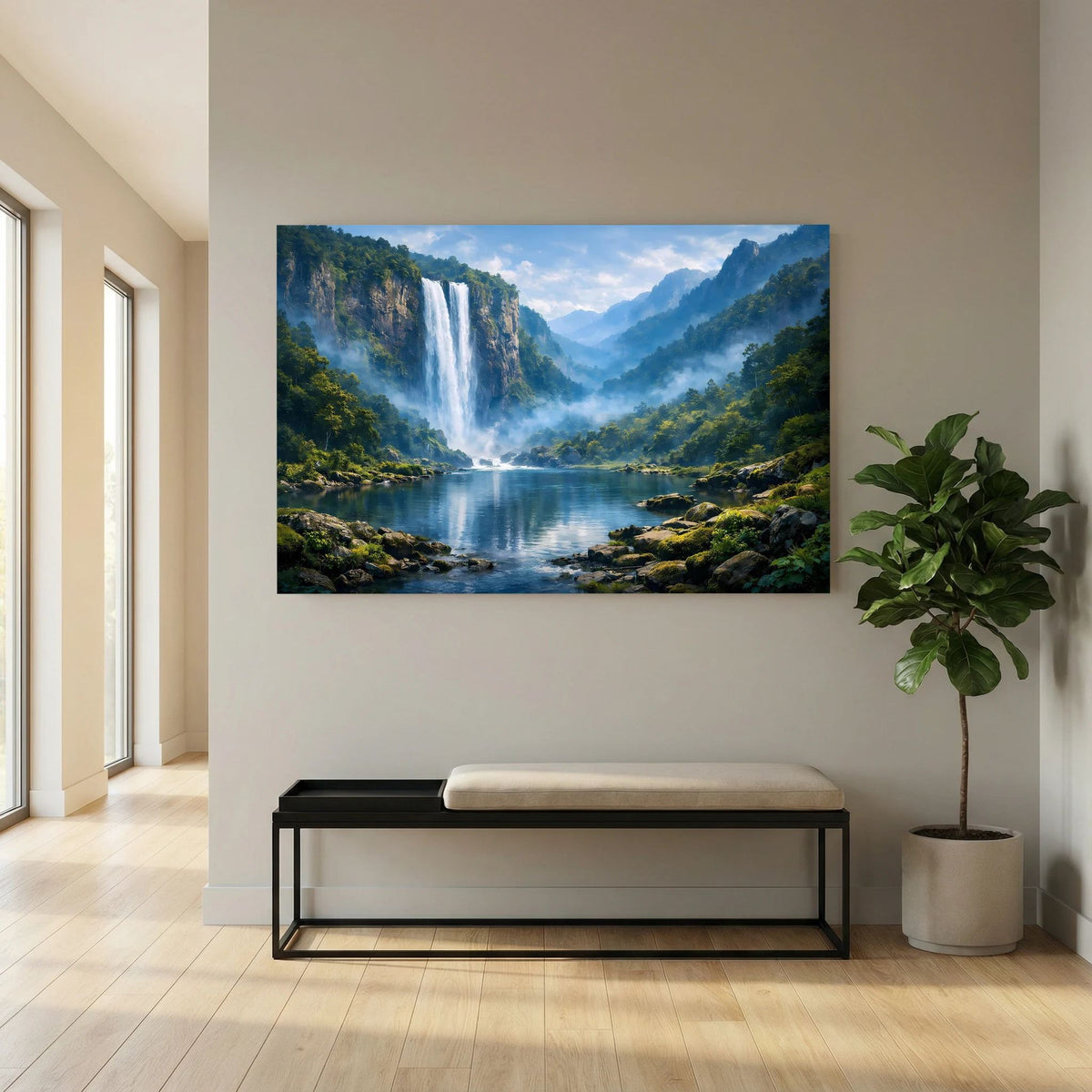 Wandbild mit Wasserfall im Bergwald über See und Berge, neben Bank und Pflanze