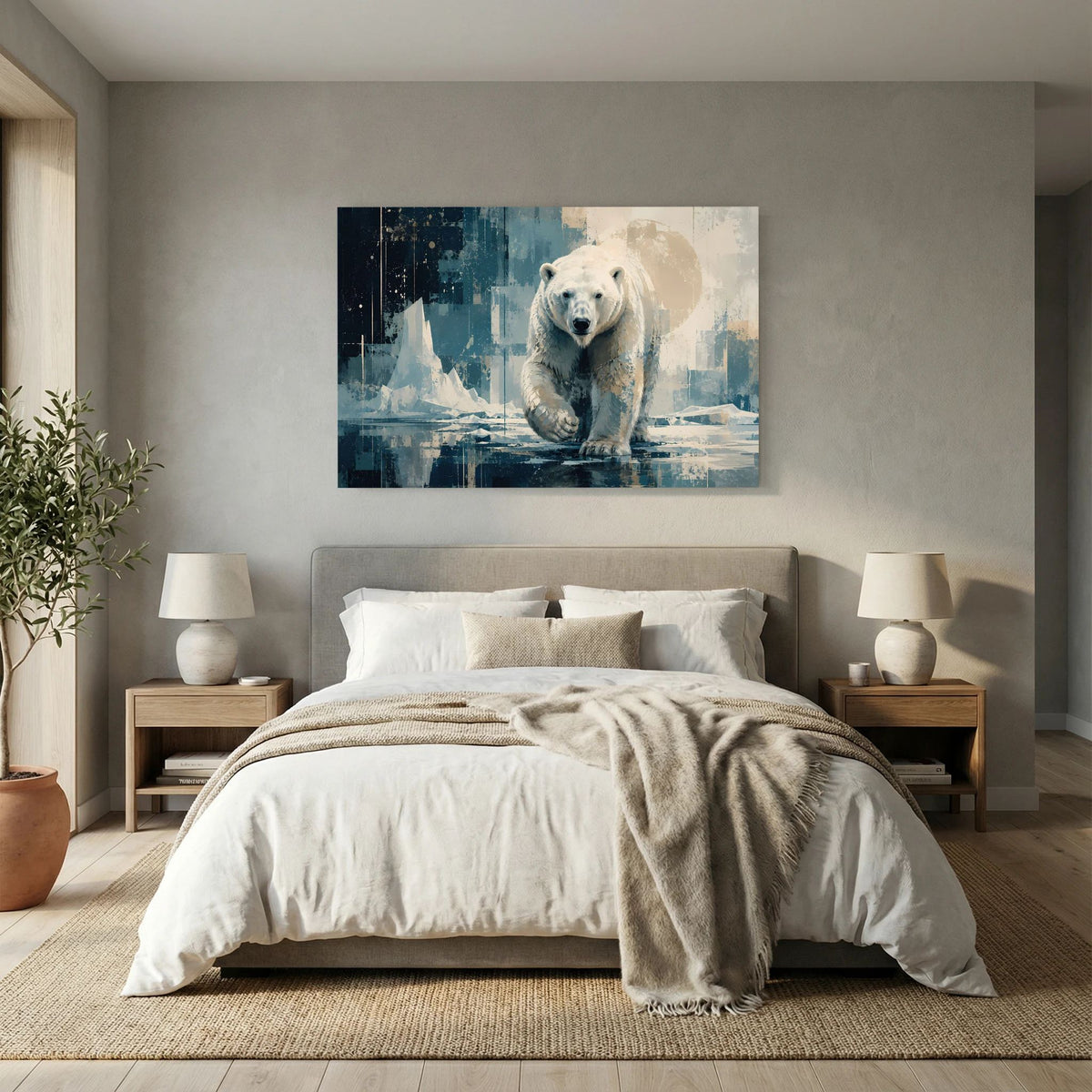 Querformat-Poster mit Eisbär im blau-beigen Abstraktstil, frontal laufend.