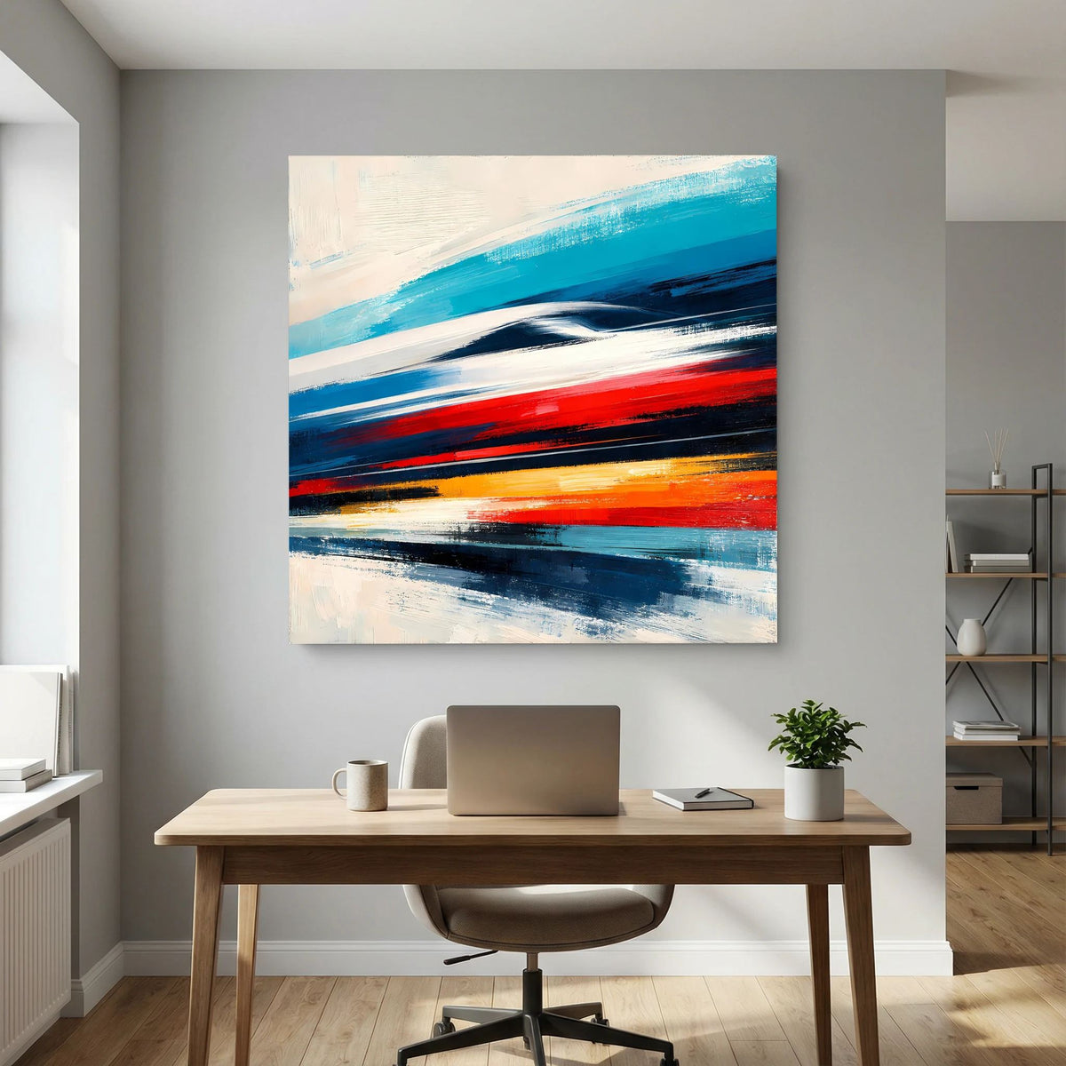 Abstraktes Leinwandbild mit Pinselstrichen in Blau, Rot und Orange auf heller Leinwand