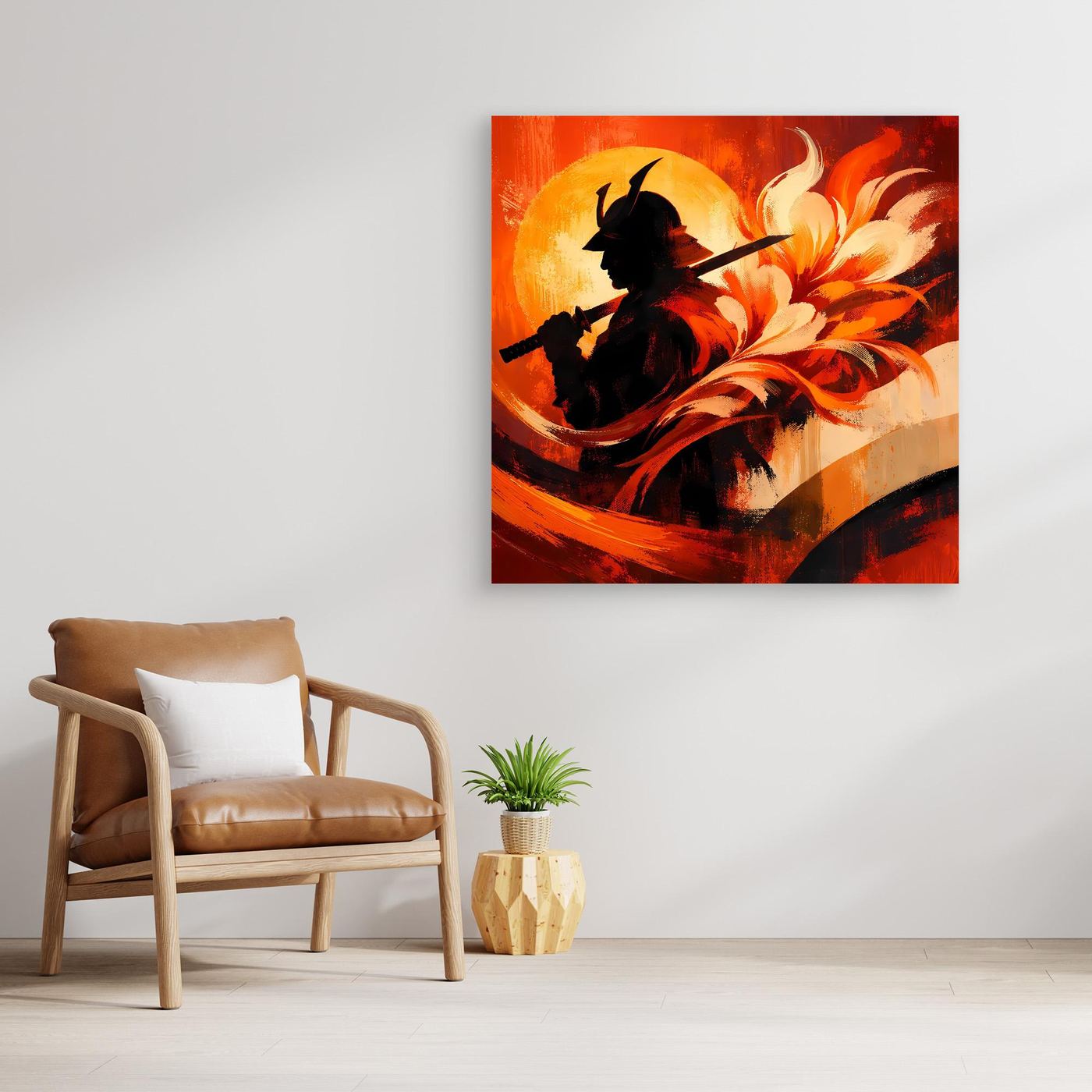 Leinwand-Wandbild mit Samurai-Silhouette vor orange-rotem Hintergrund und weißen Blüten