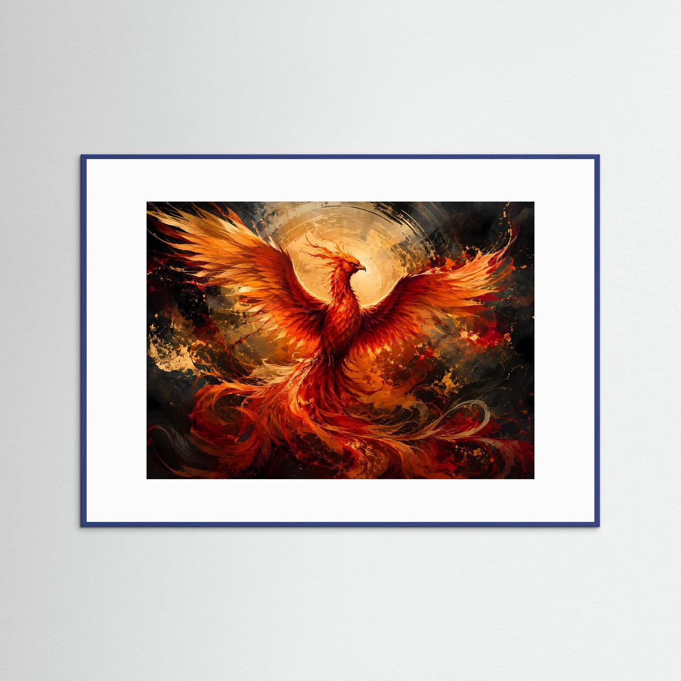 Gerahmte Wandkunst mit rotem und goldenem Phönix im flammenden Farbnebel, blauem Rahmen