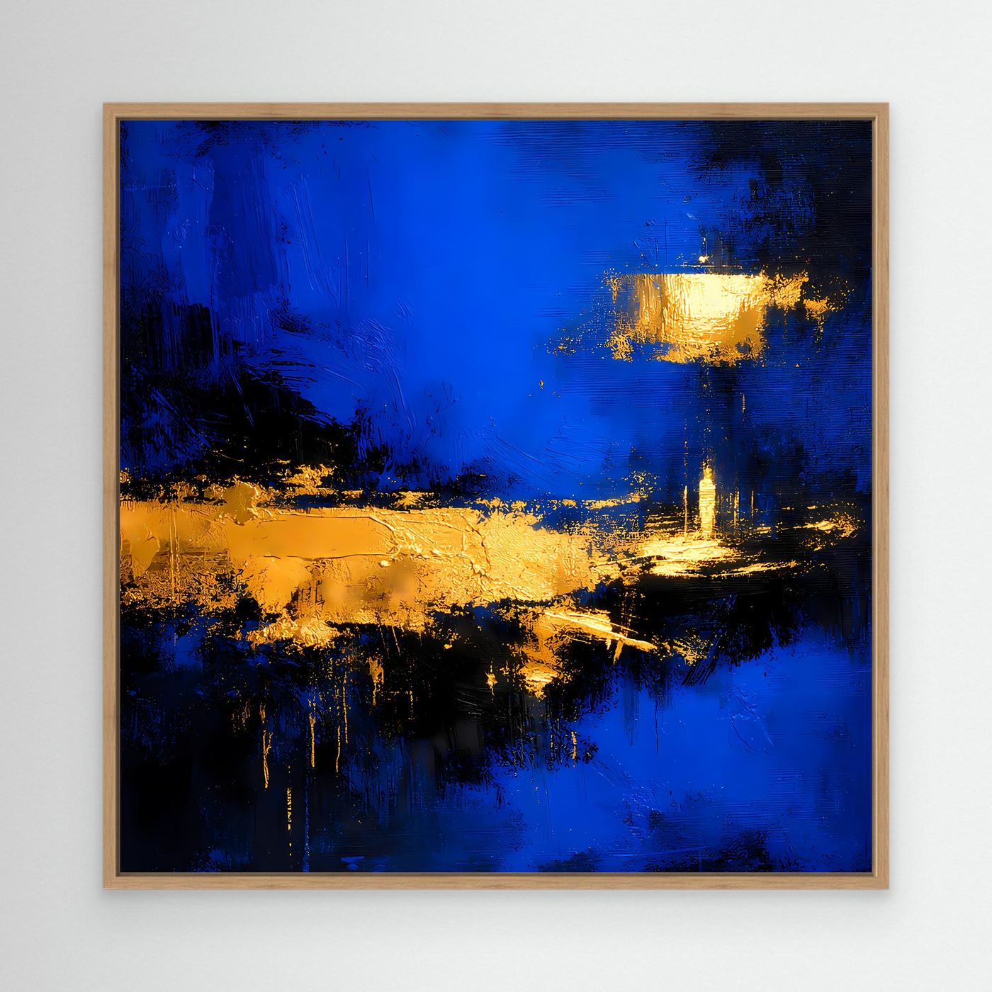 Leinwand Abstrakte Meereslandschaft bei Nacht | Modernes Küsten Wandbild in Blau und Gold