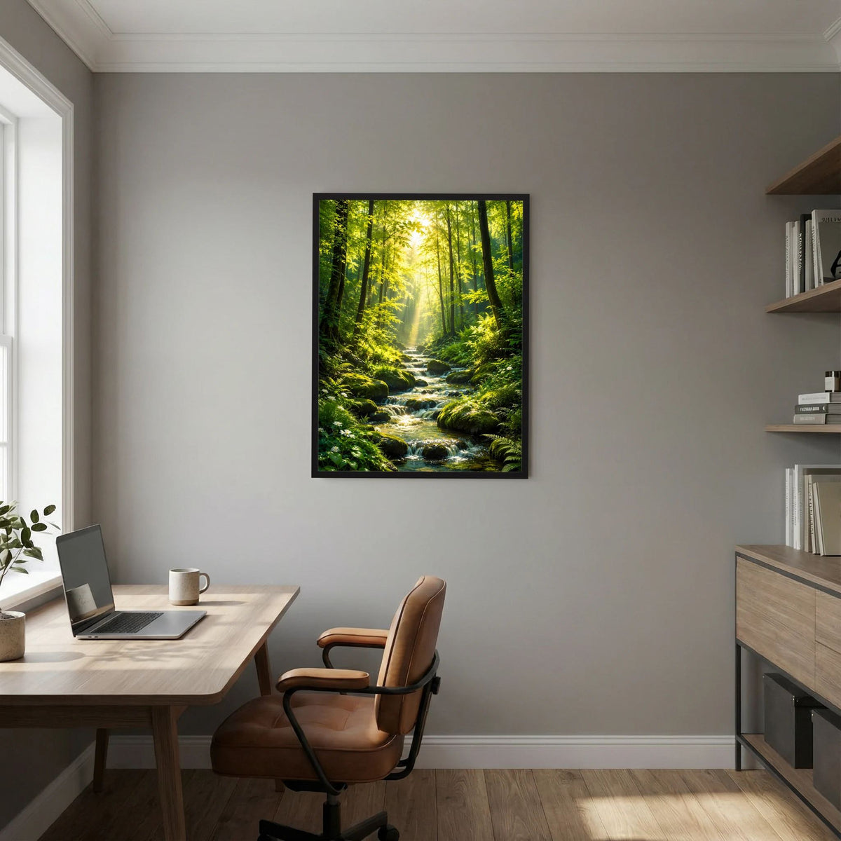Hochformat-Poster: Wald mit Bachlauf und Lichtschimmer, Sonnenstrahlen, schwarz gerahmt