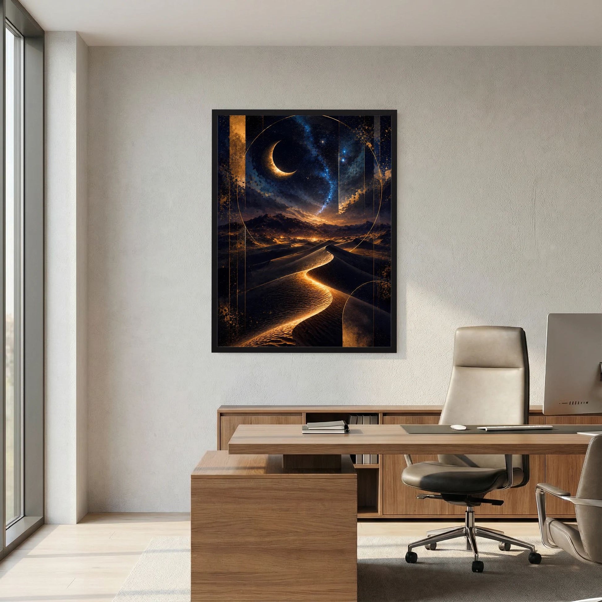 Wandposter im Hochformat mit Mondsichel, Wüstendünen und goldenem Lichtweg