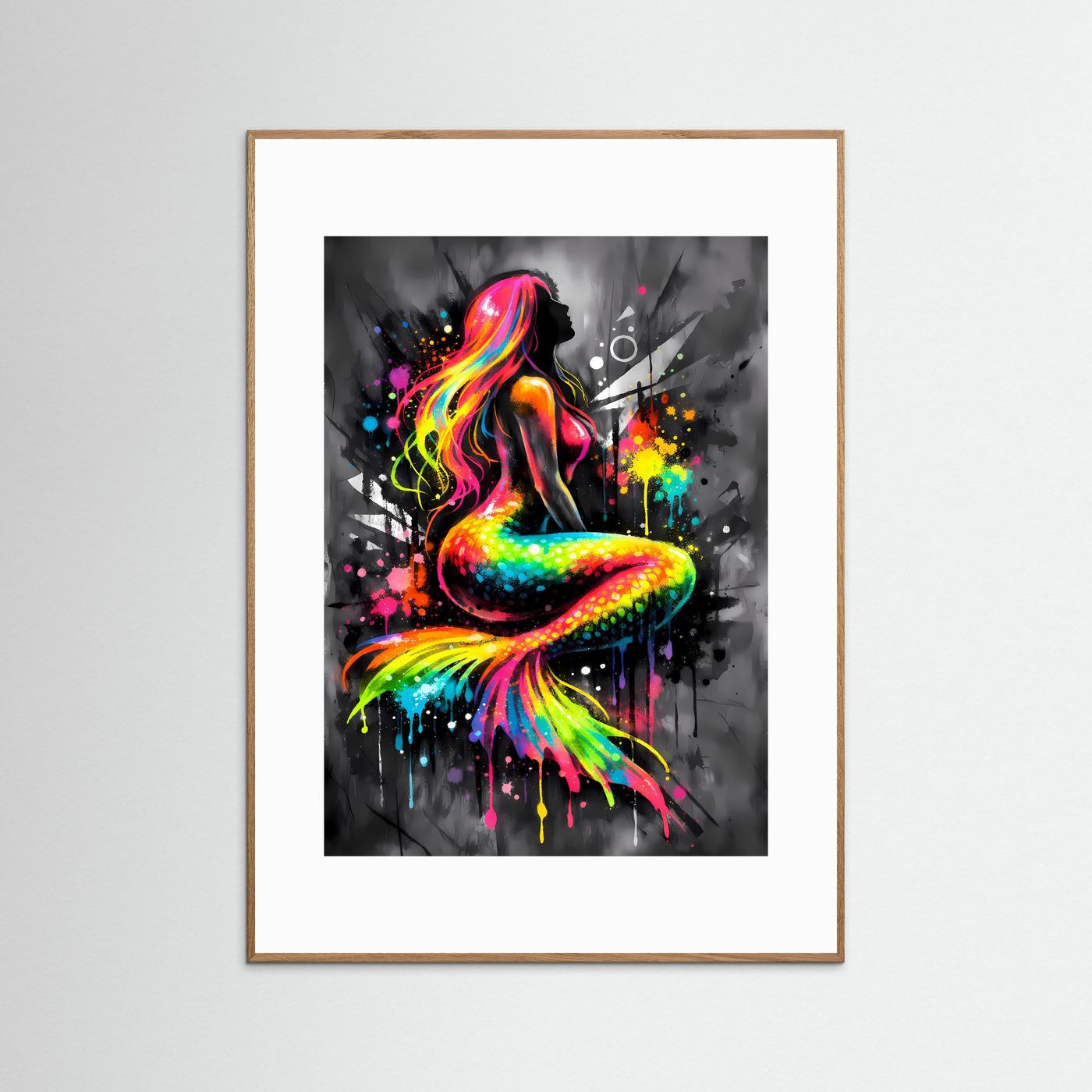 Magie der Meere | Abstraktes Meerjungfrauen Poster in leuchtenden Regenbogenfarben | Modernes Fantasy Kunstposter Hochformat