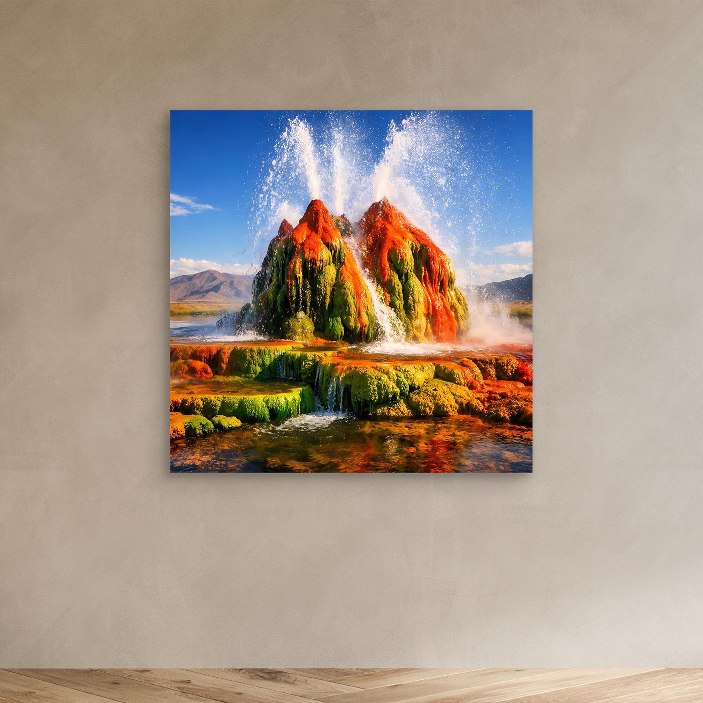 Leinwandbild mit buntem Geysir und Wasserfontänen in mehrfarbiger Landschaft