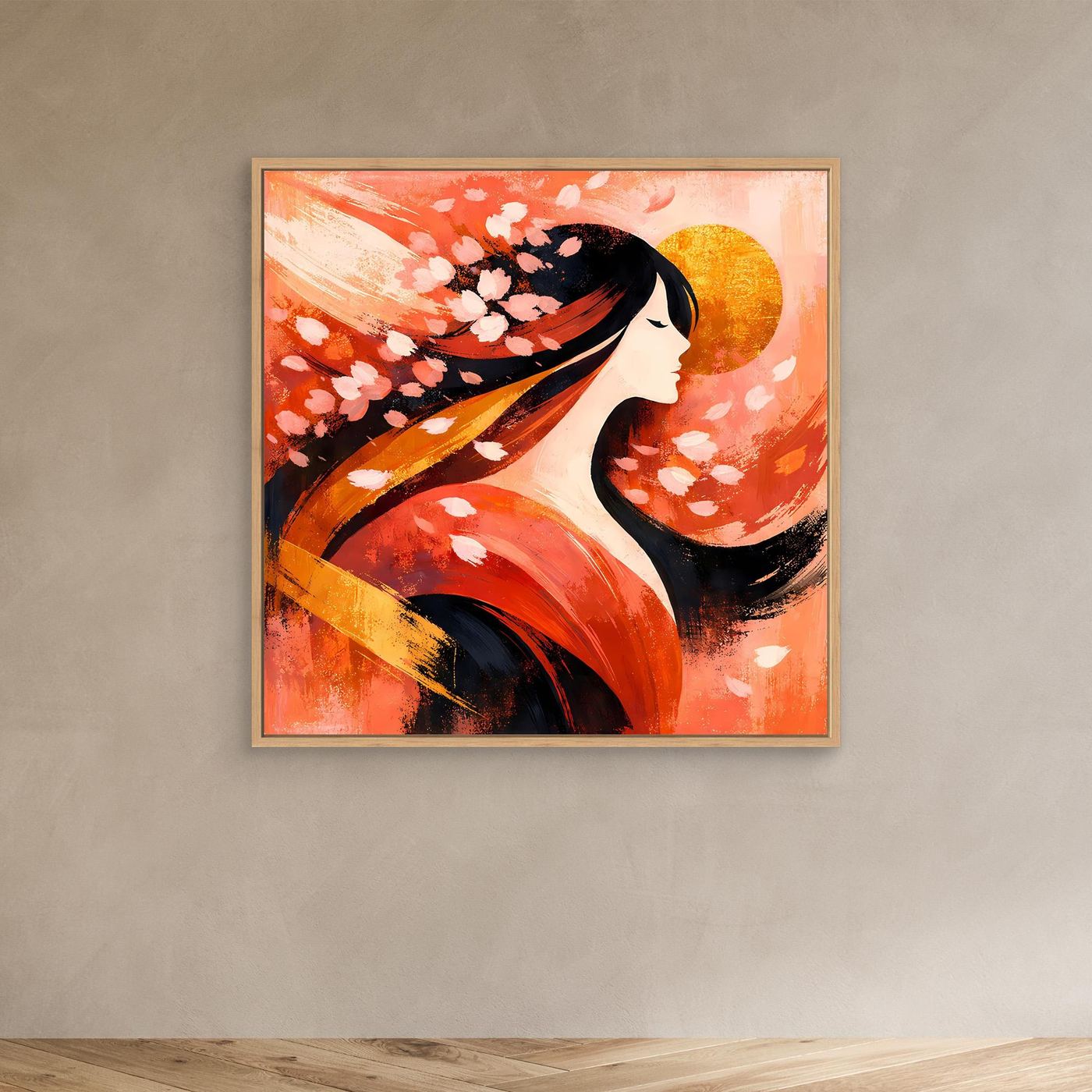 Leinwandbild mit hellem Holzrahmen: Geisha-Profil, Kirschblüten und goldene Sonne, rot
